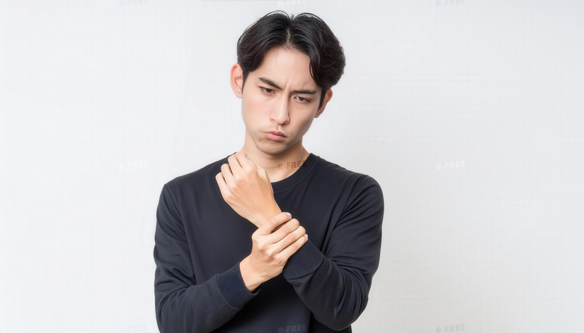 正面から右手首を押さえる黒シャツの男性