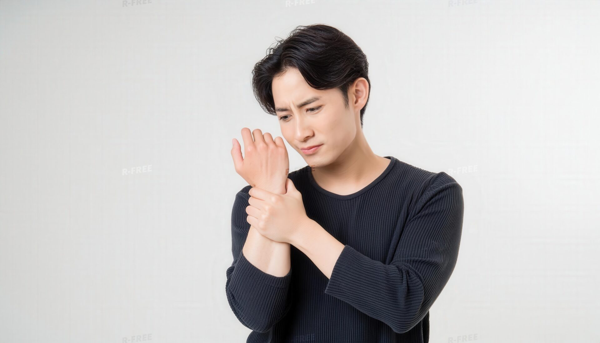 白背景で右手首を押さえる紺色カットソーの男性