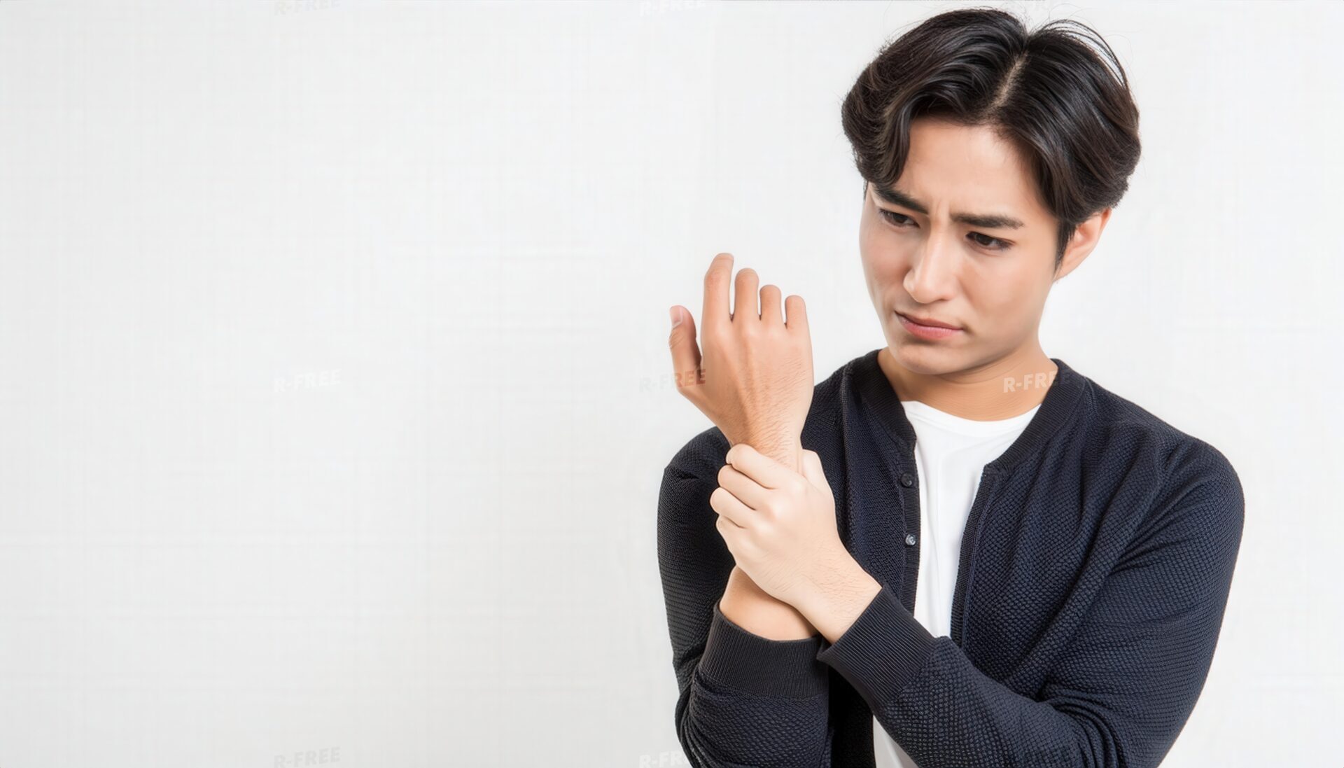 画面右側で左手首を掴むセンター分けの男性