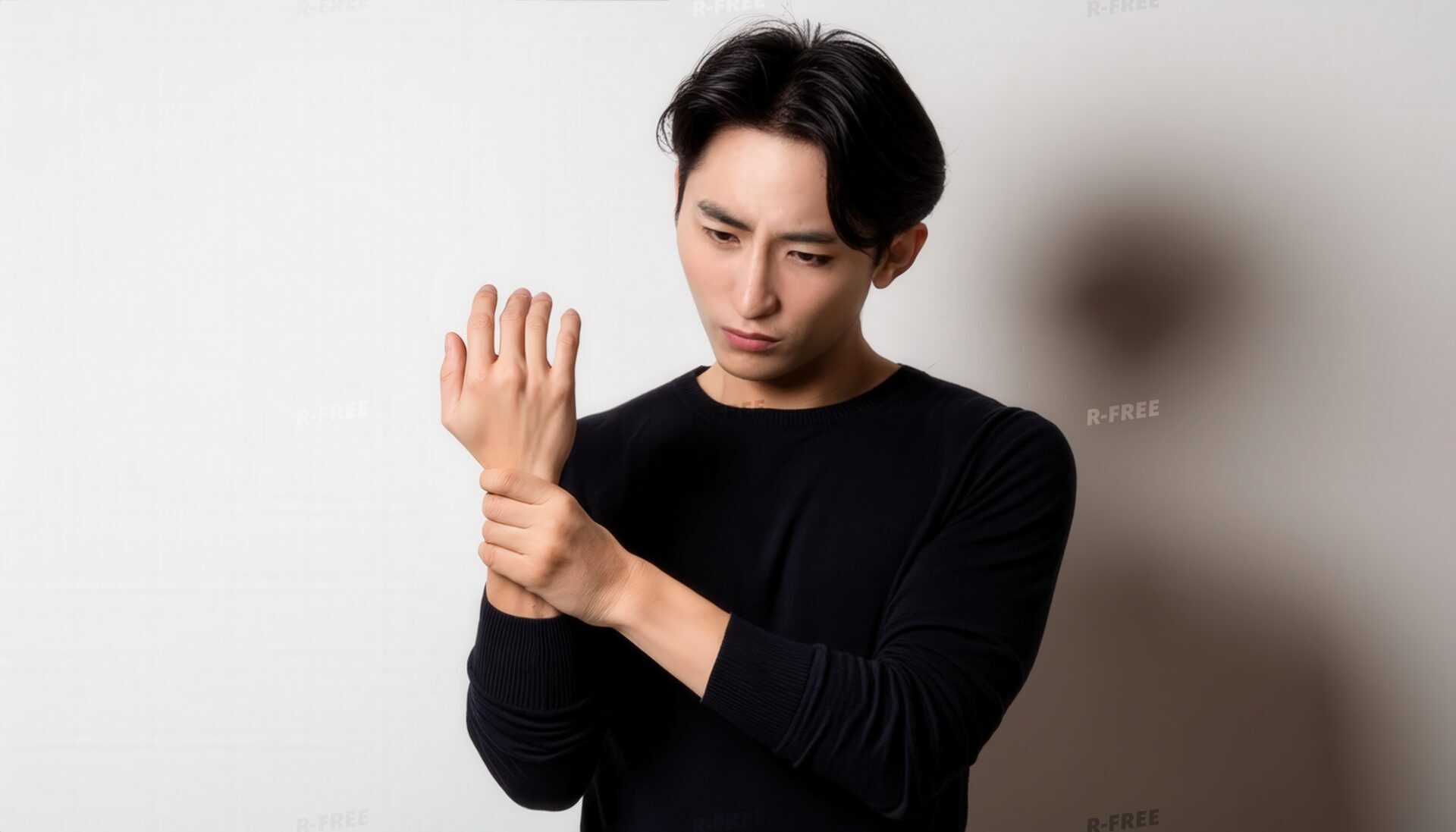 手元を見つめながら左手首を押さえる黒服の男性
