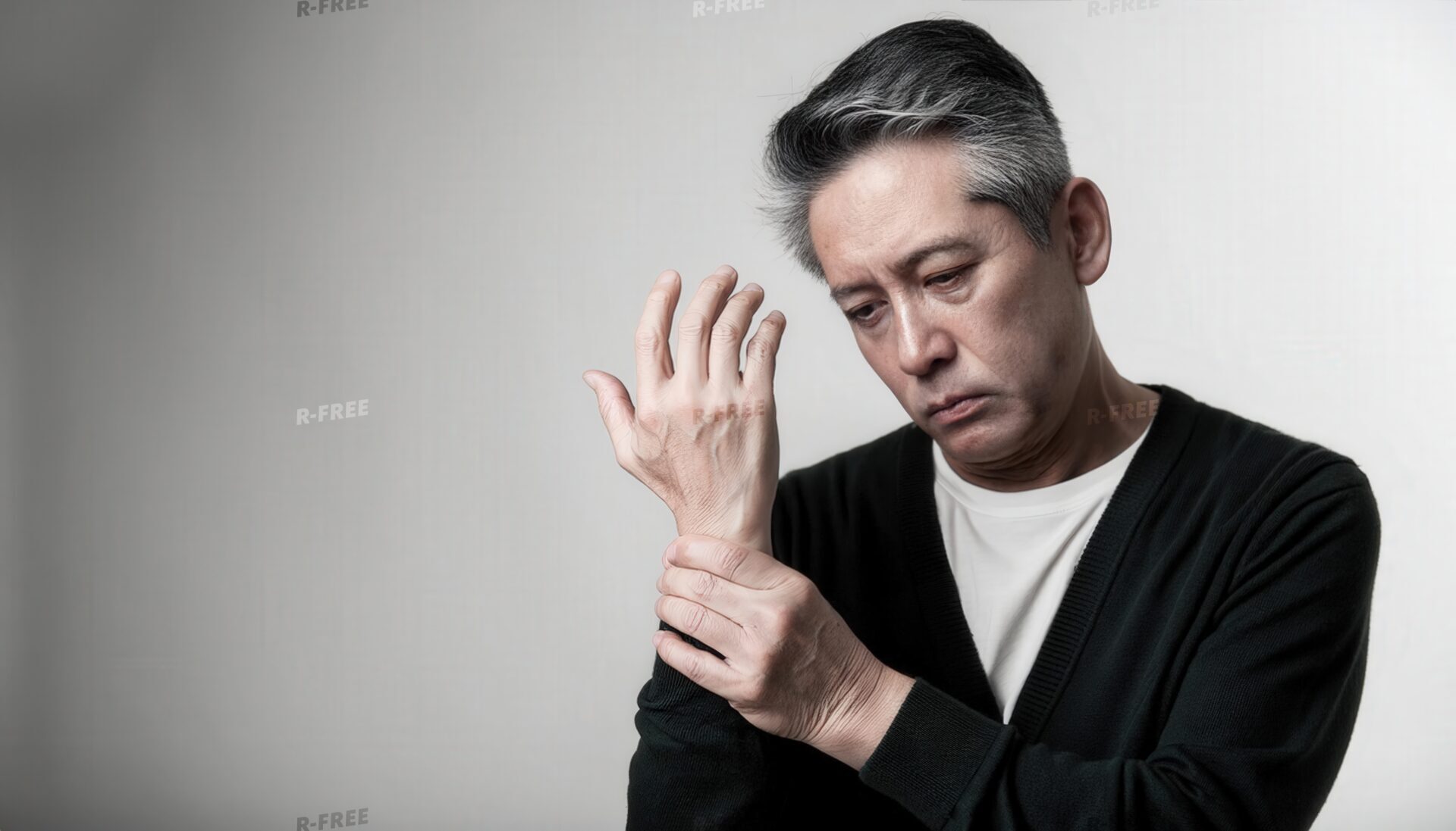 手元を見つめ右手で左手首を押さえるシニア男性