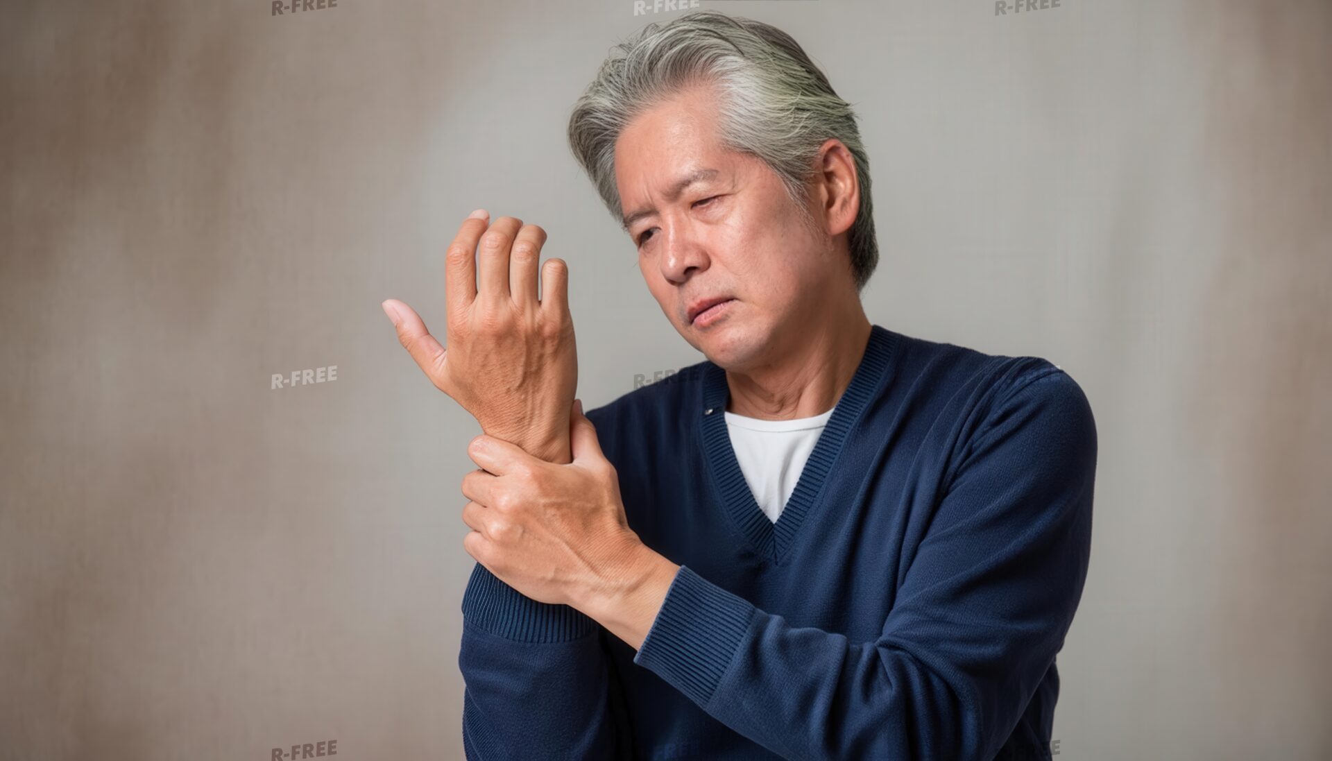 紺色カーディガンで左手首を押さえるシニア男性