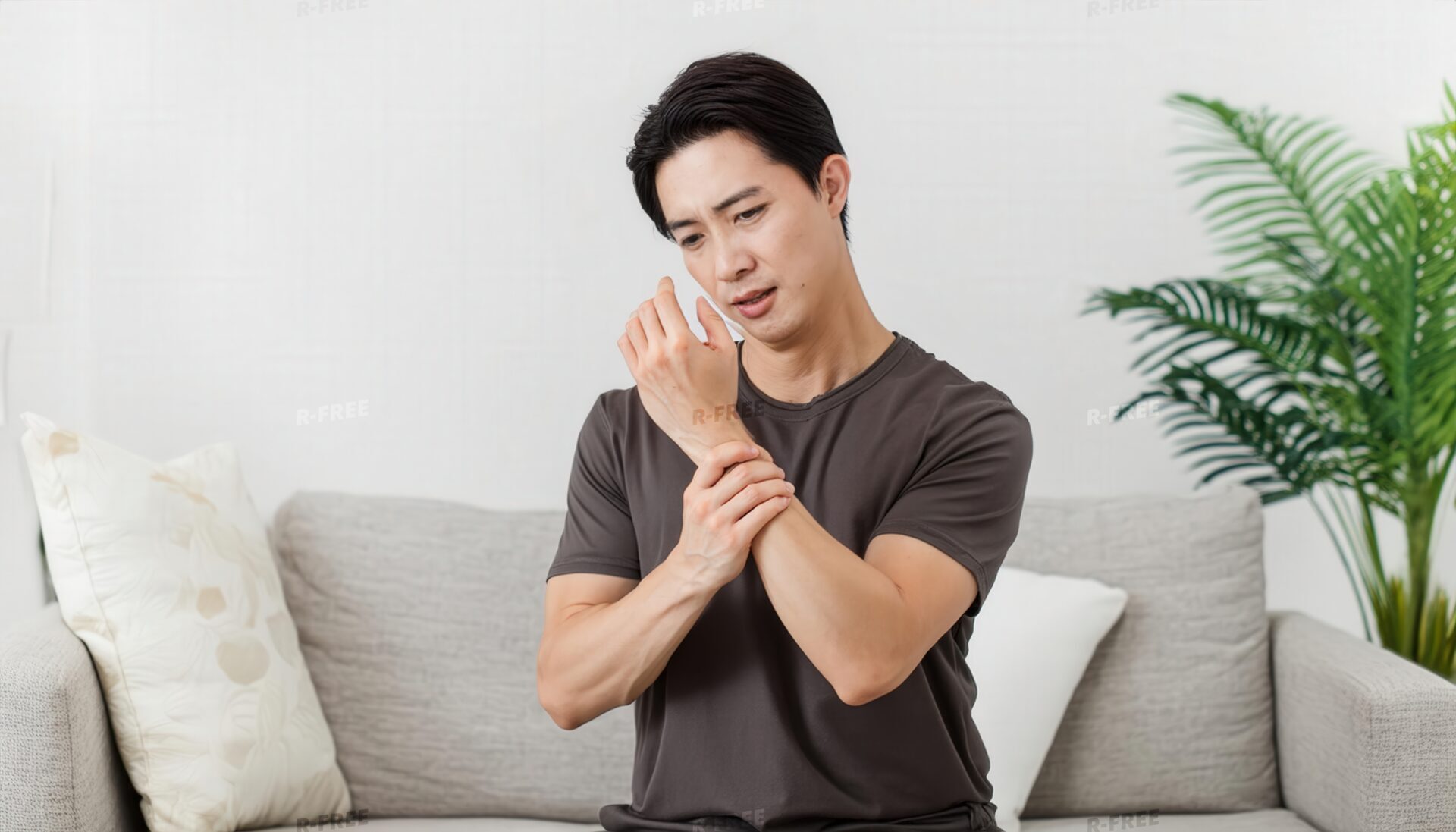 ソファで左手首を押さえるグレーTシャツの男性