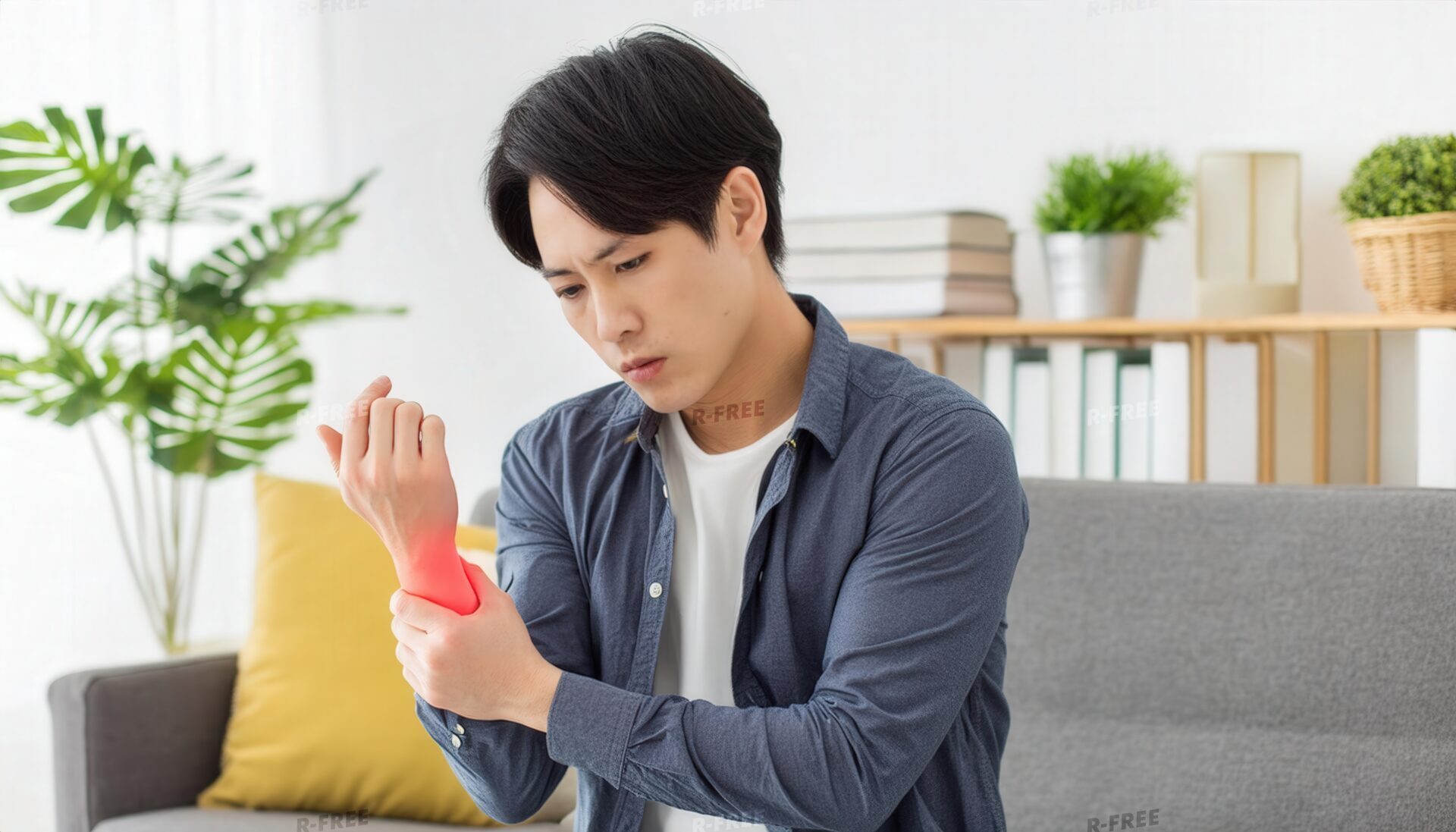 赤く強調された手首を押さえるネイビーシャツの男性