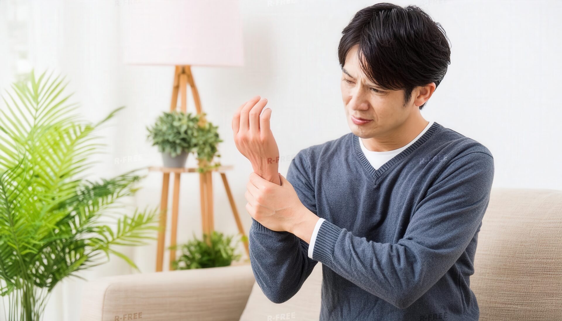 ソファで左手首を強く握るグレーセーターの男性