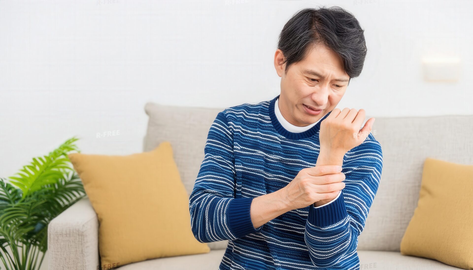 黄色いクッションの前で左手首を押さえる男性