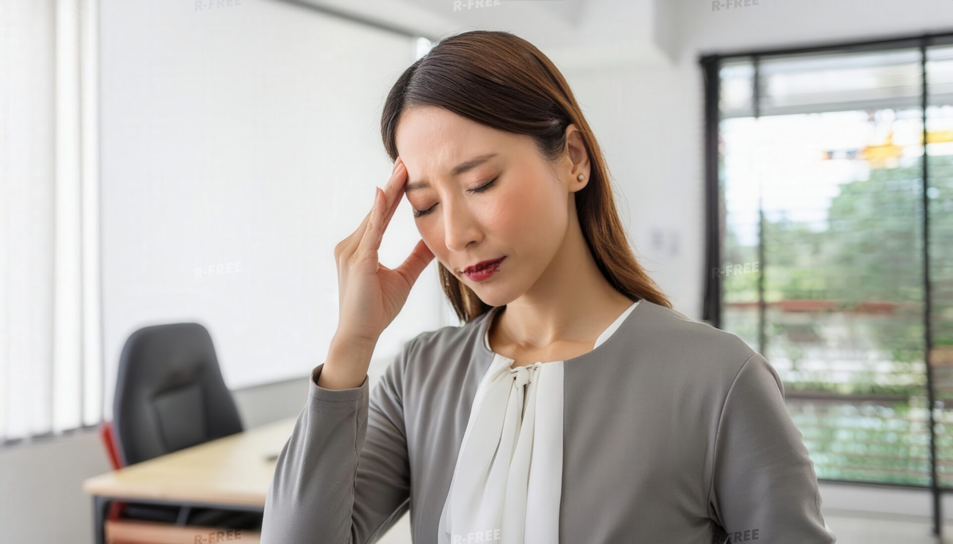 オフィスで頭痛に耐えこめかみに手を当てる女性