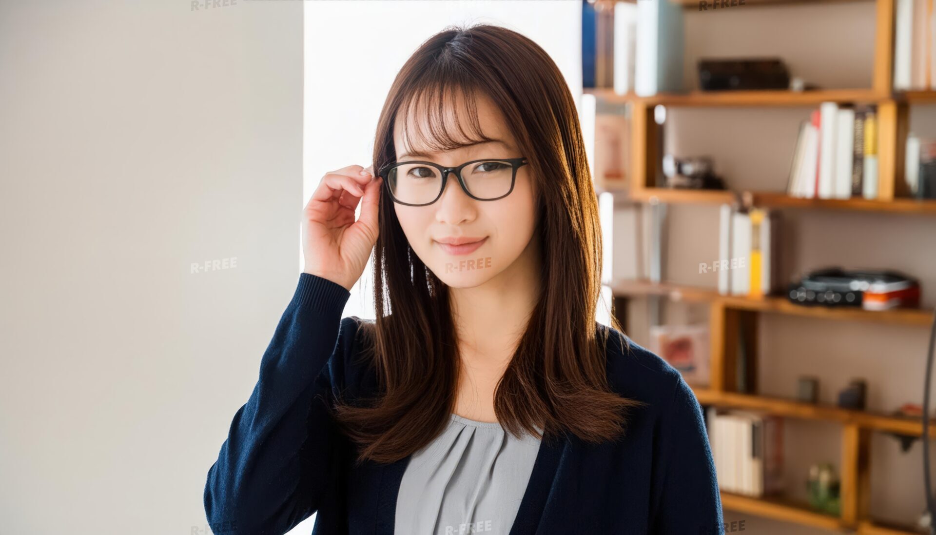 メガネの女性と書棚