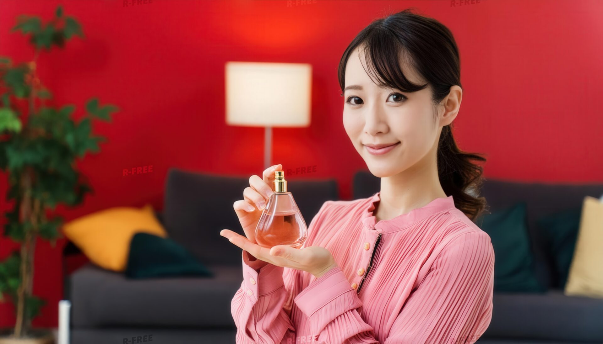 赤い壁の室内で香水を持つピンク服の女性