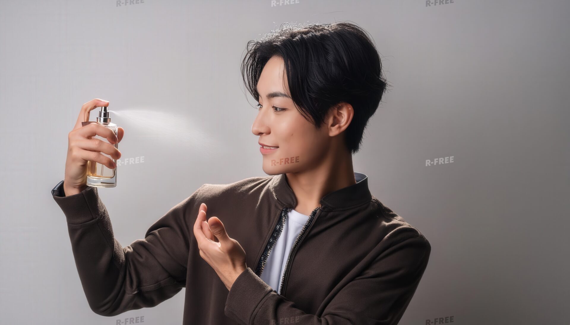 香水を吹きかけて微笑む茶色ジャケットの男性