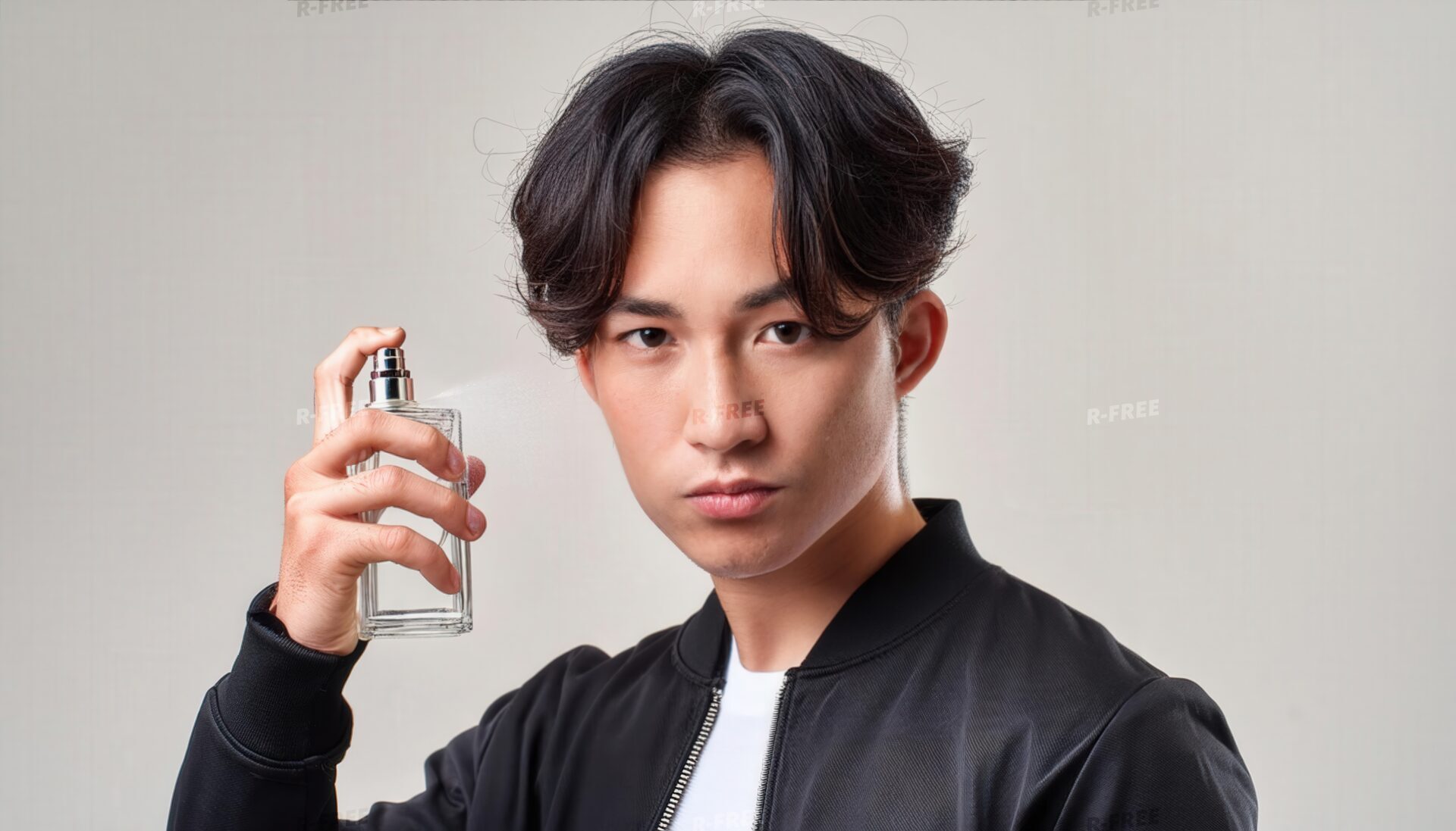 香水を正面にスプレーする黒いジャケットの男性