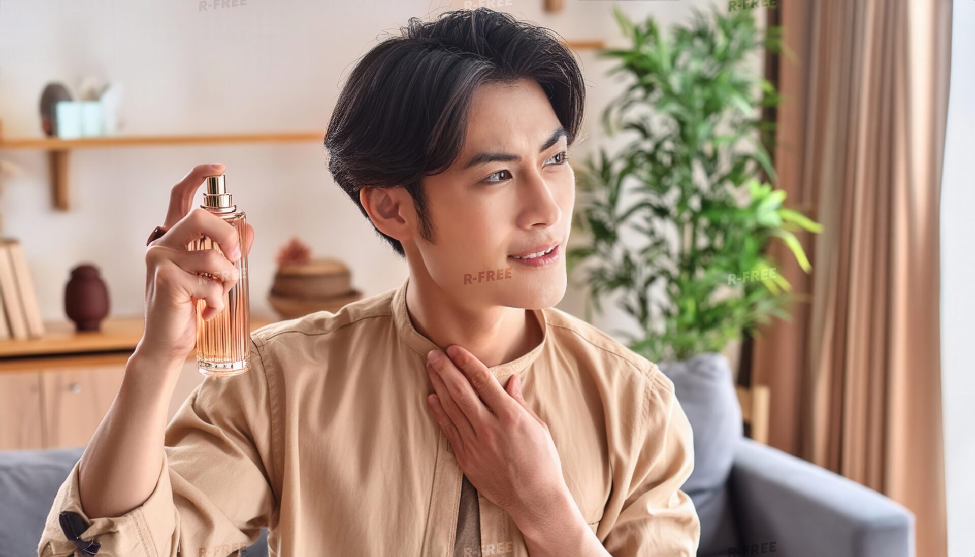 首元に香水を噴霧しようとする人物