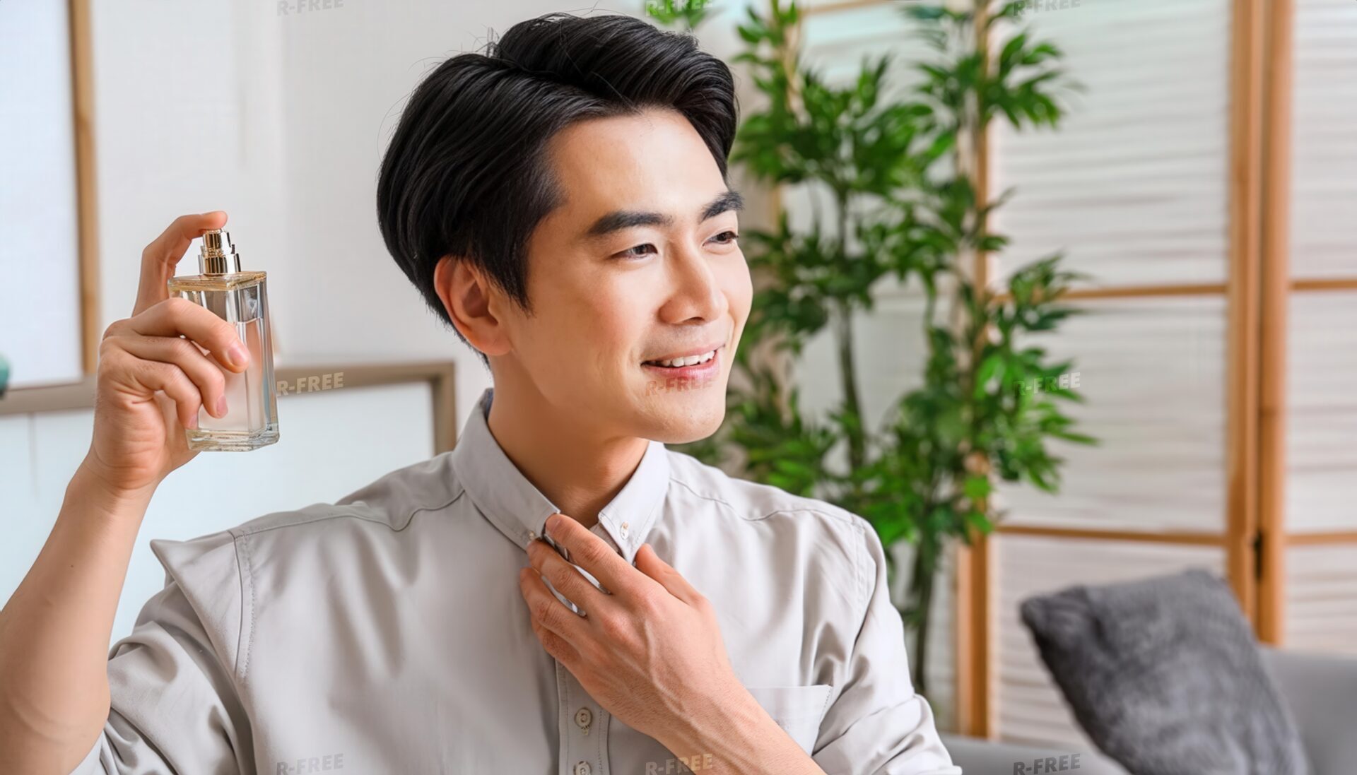 首元に手を添えて香水を吹きかける人物