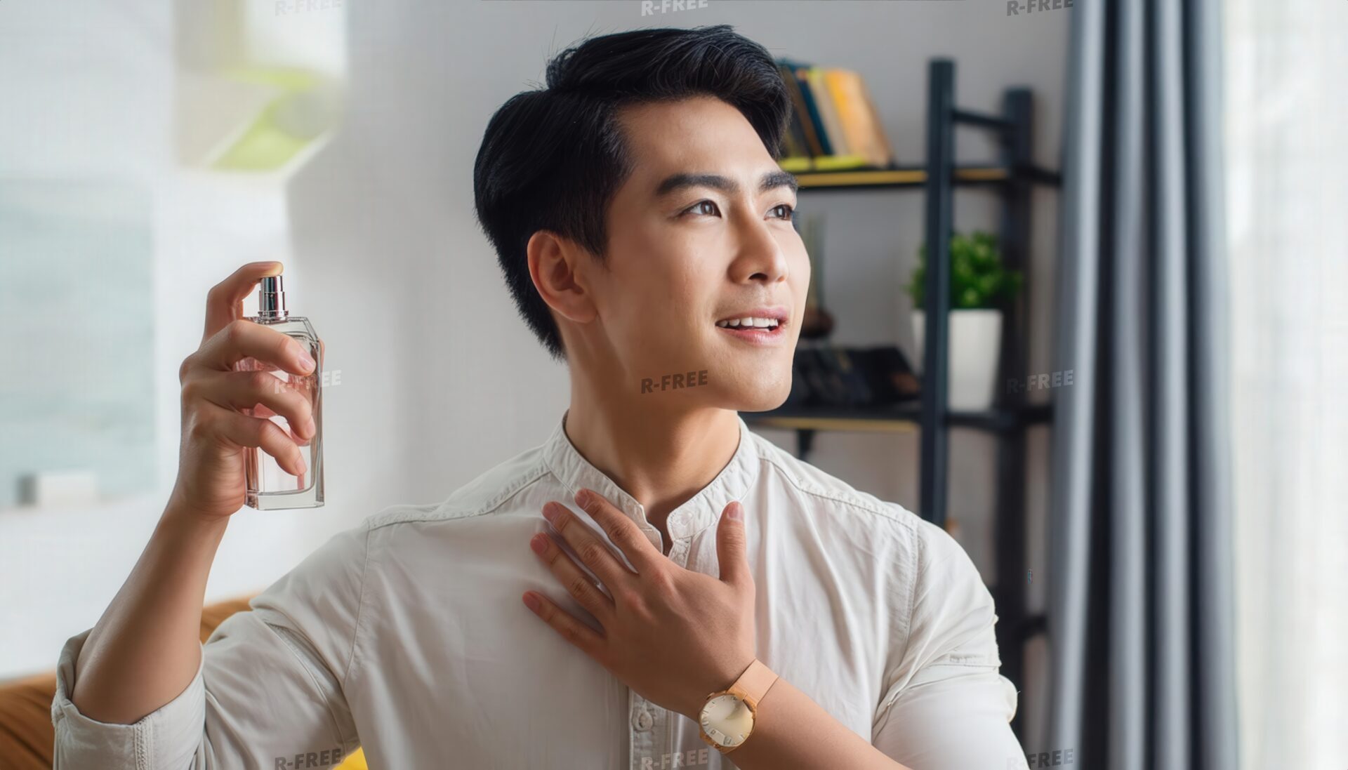 香水を噴霧しながら香りを確かめる人物