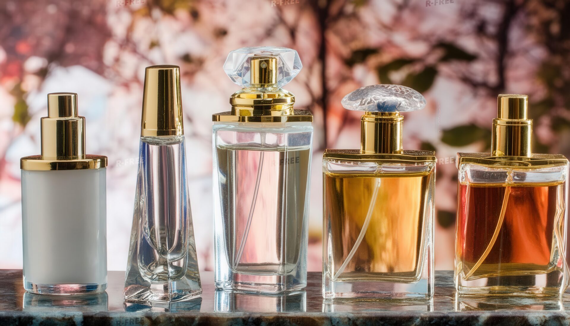 桜の花を背景に並ぶ5本の香水ボトル