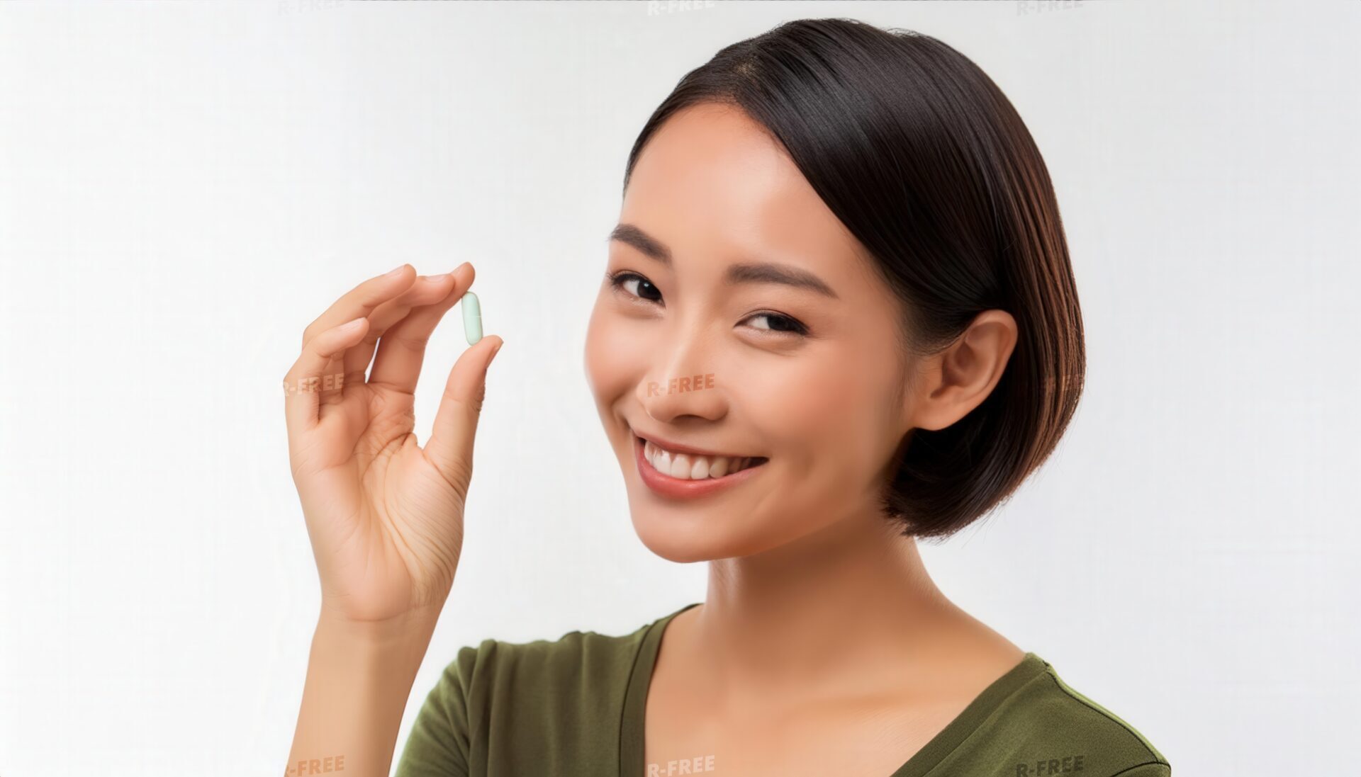 緑色の服で薄緑のカプセルを手にする人物
