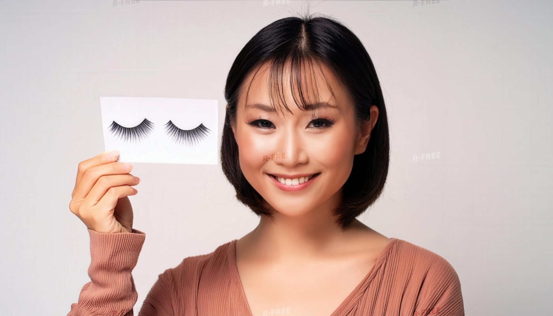 白背景でつけまつげサンプルを見せる人物