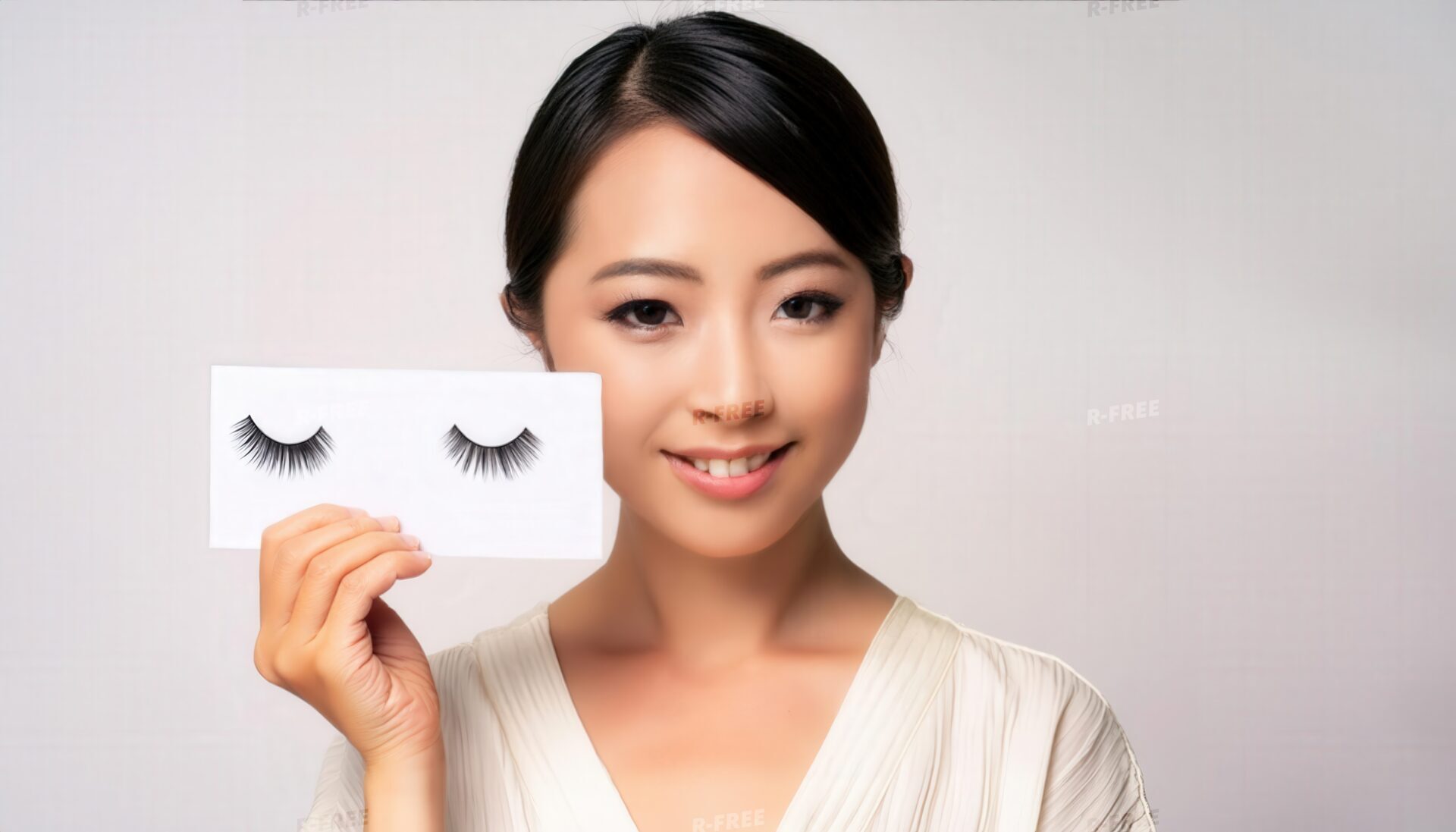 白背景でつけまつげを掲げる人物