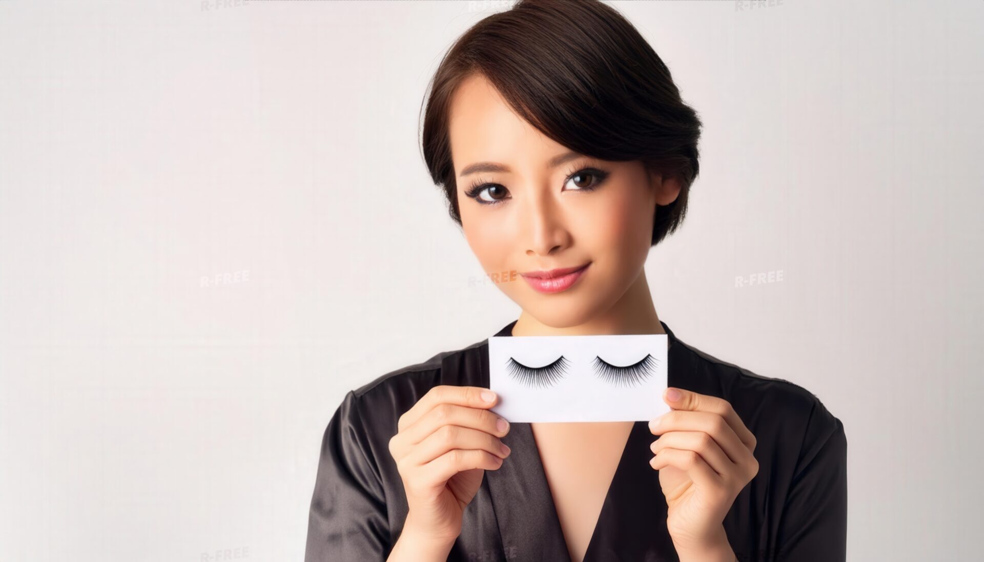 黒っぽい服でつけまつげを前に掲げる人物