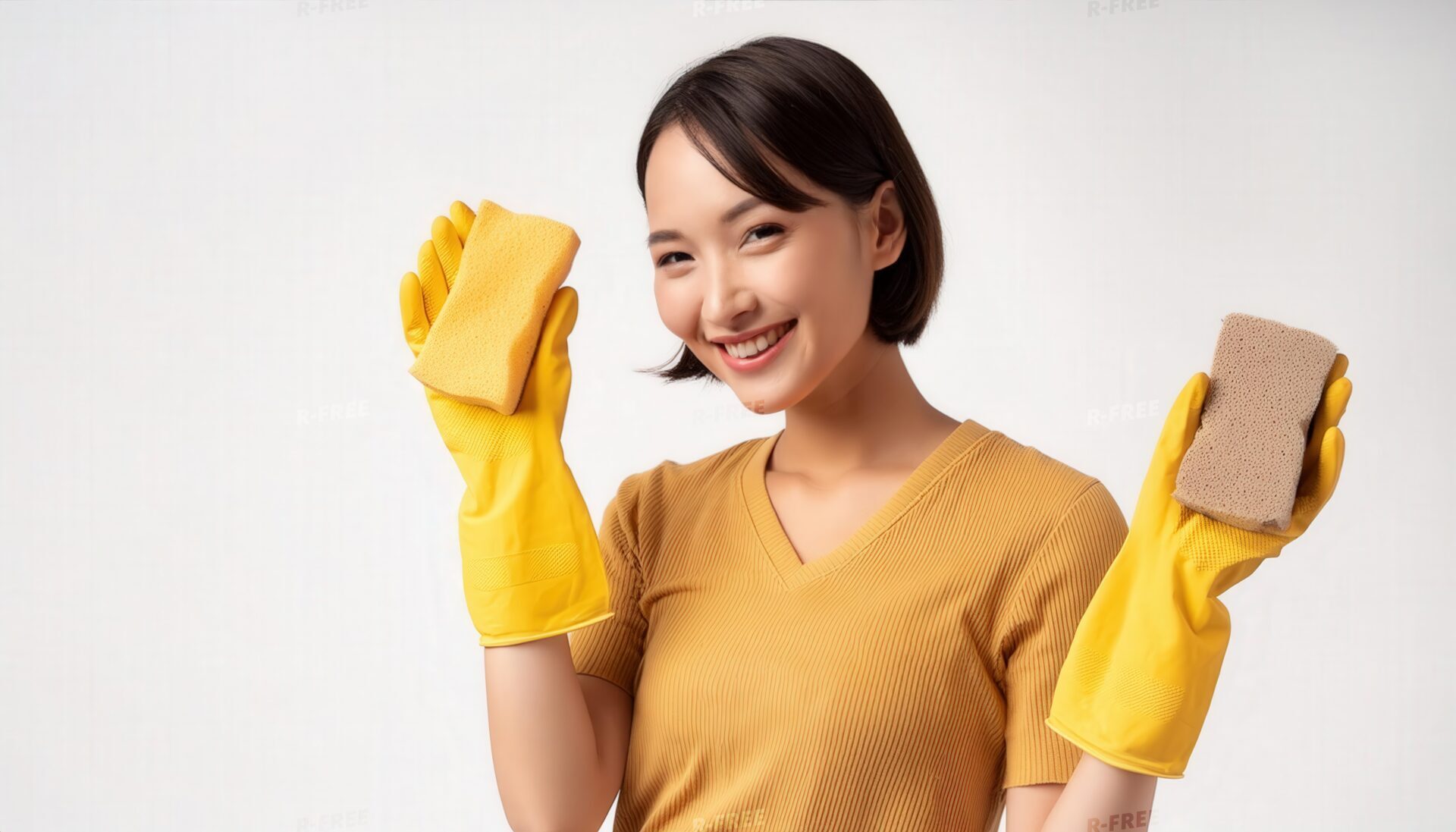 黄色いゴム手袋とスポンジを手にする人