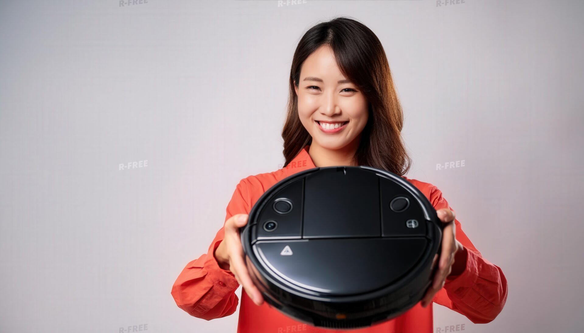 笑顔でロボット掃除機を両手で差し出す赤い服の20代女性