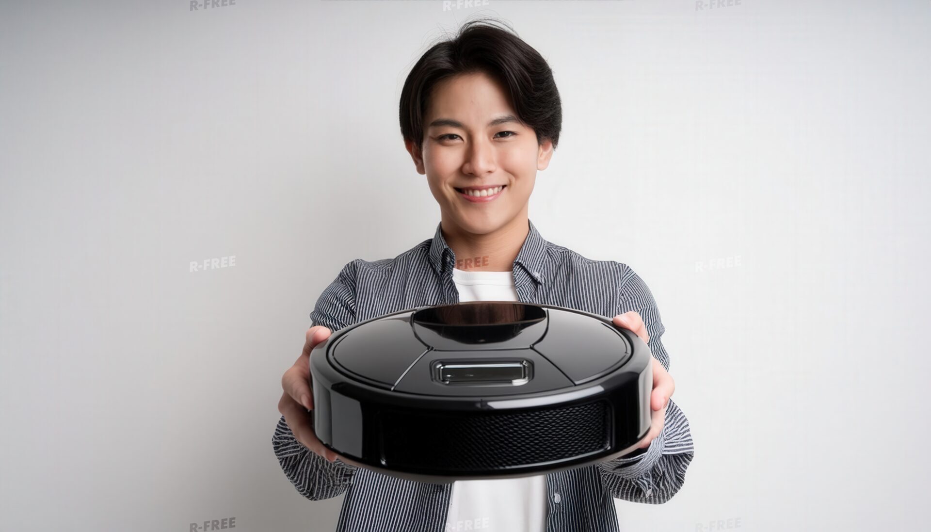 爽やかな笑顔でロボット掃除機を差し出すストライプシャツの20代男性