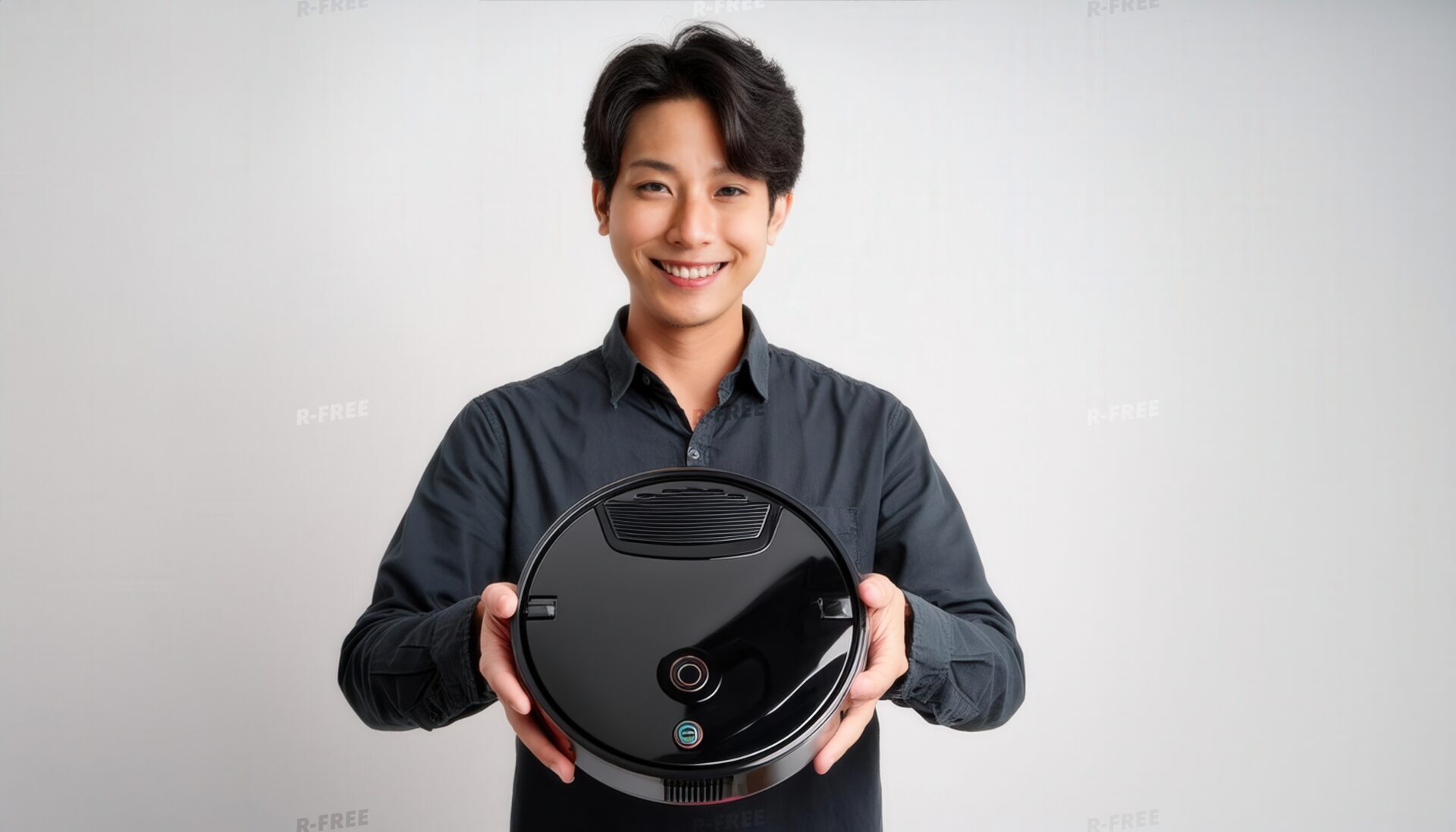 白背景でロボット掃除機を見せるビジネスパーソン