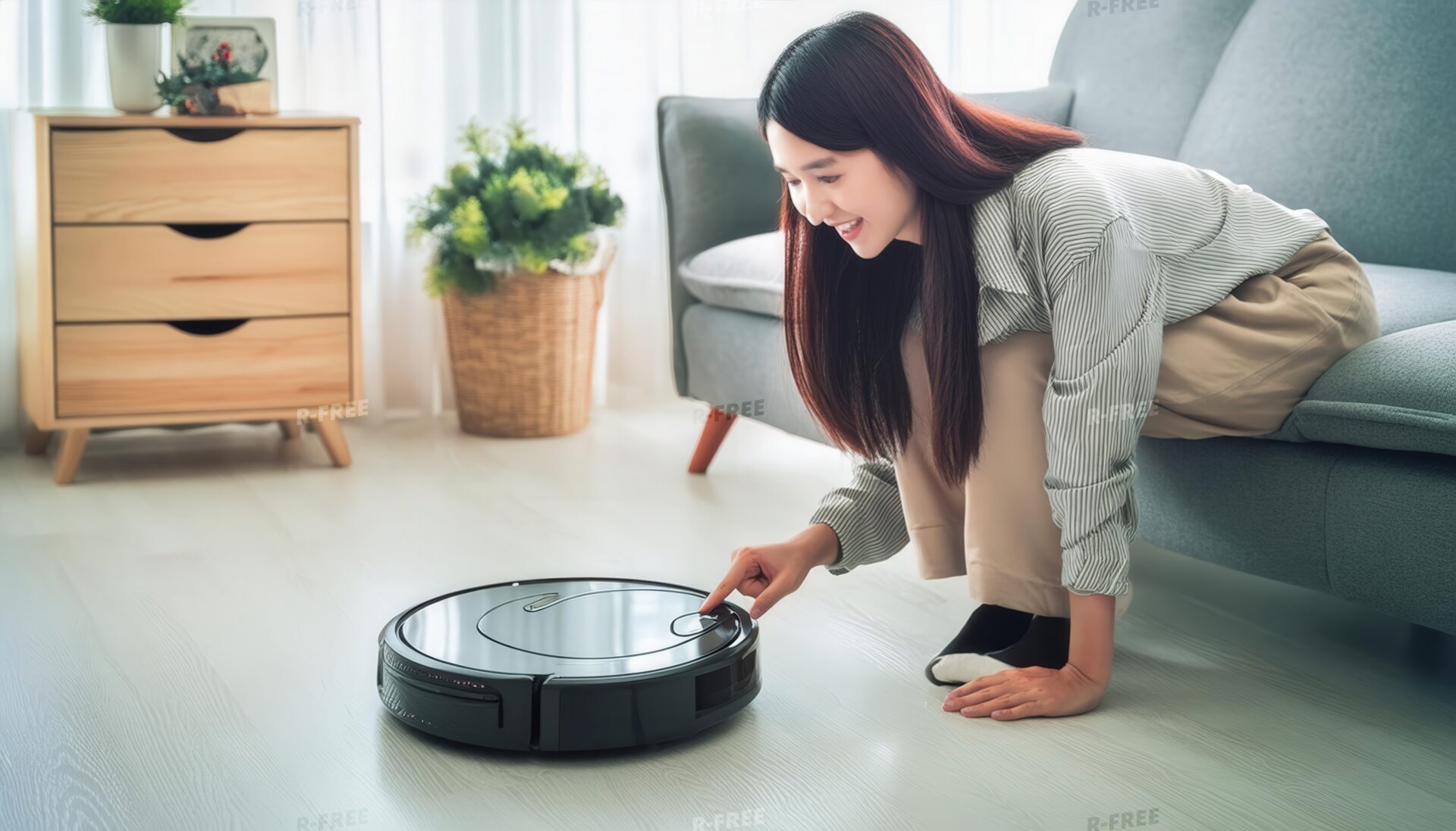 床にかがんでロボット掃除機を操作する人物