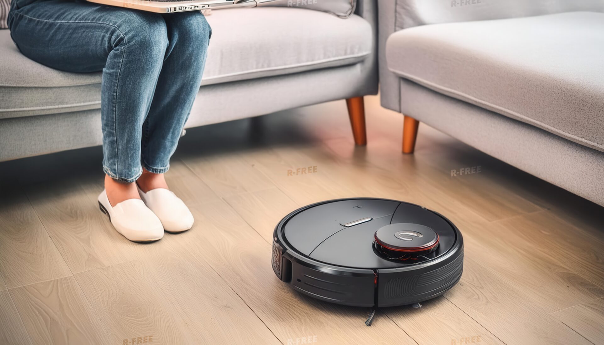ソファに腰掛けてロボット掃除機を見つめる人物