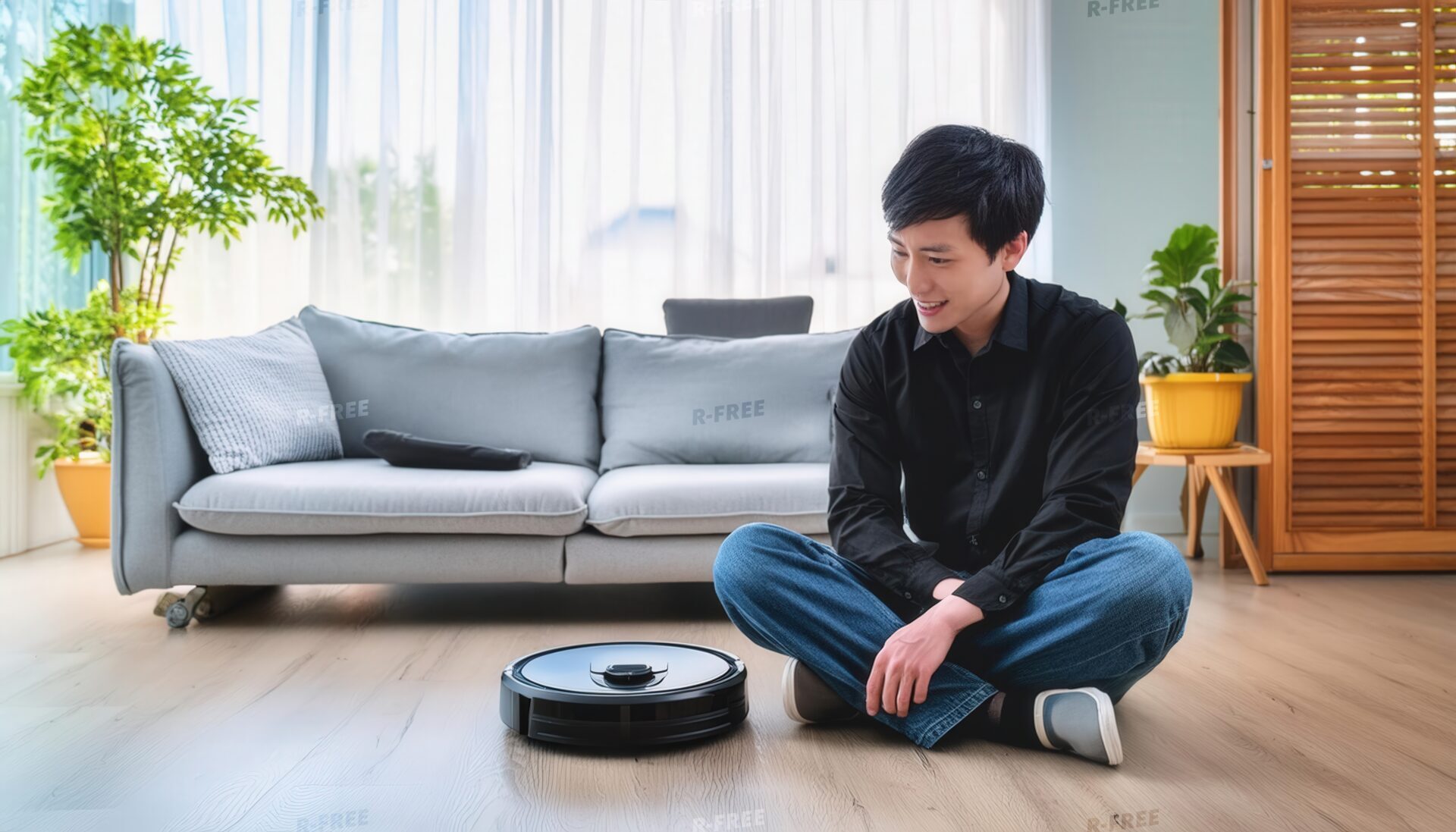 ロボット掃除機を前に座る人物（黒シャツ）