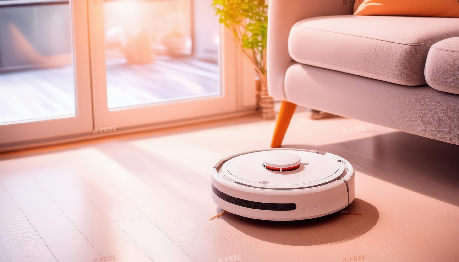 大きな窓辺のリビングで稼働する白いロボット掃除機