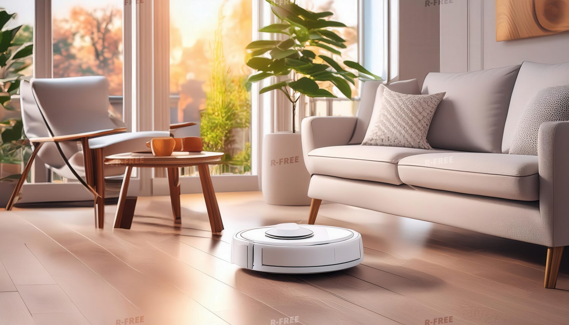 日差しが差し込む明るいリビングに置かれた白いロボット掃除機