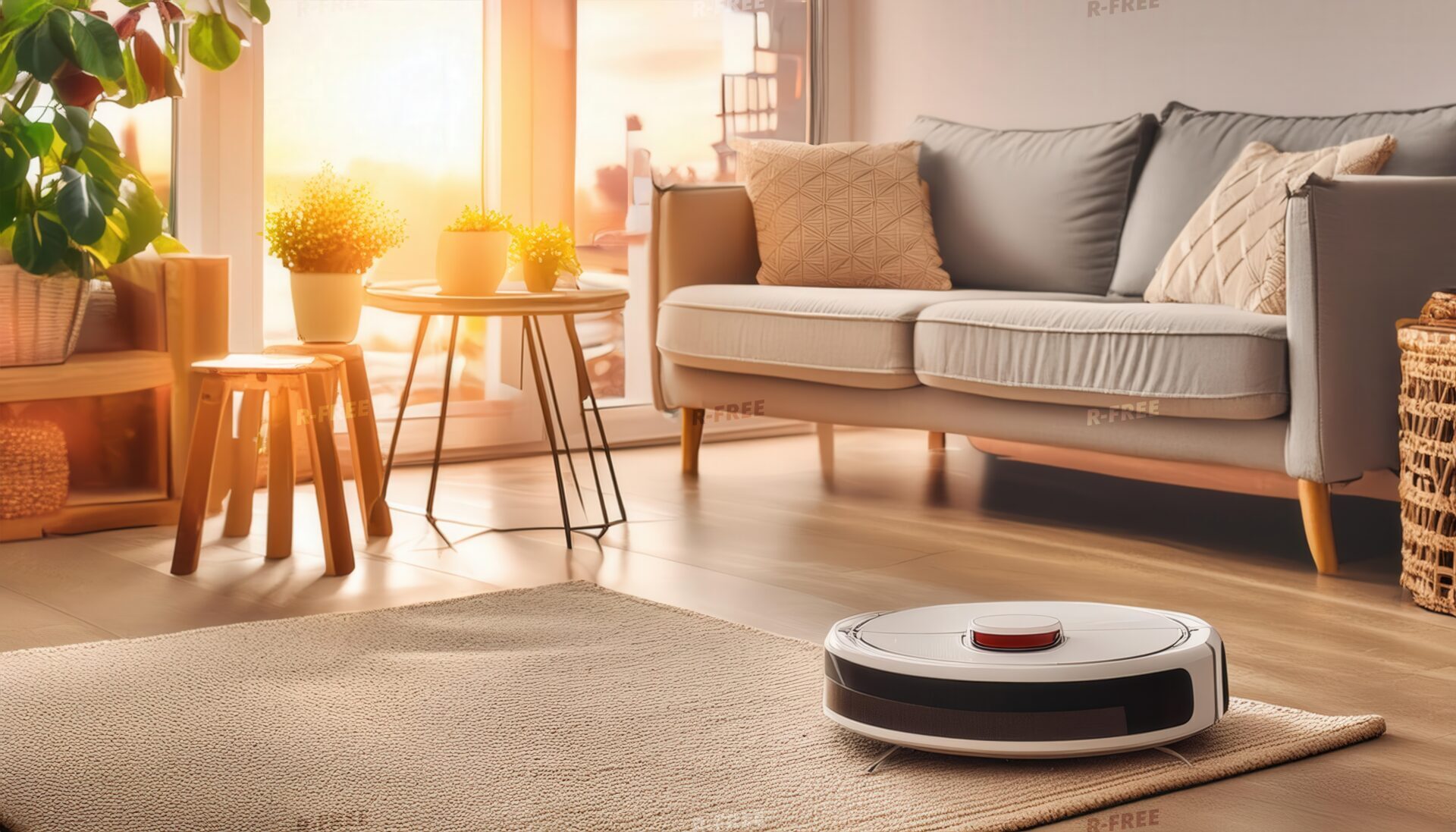 夕陽が注ぐ部屋で稼働中の白いロボット掃除機