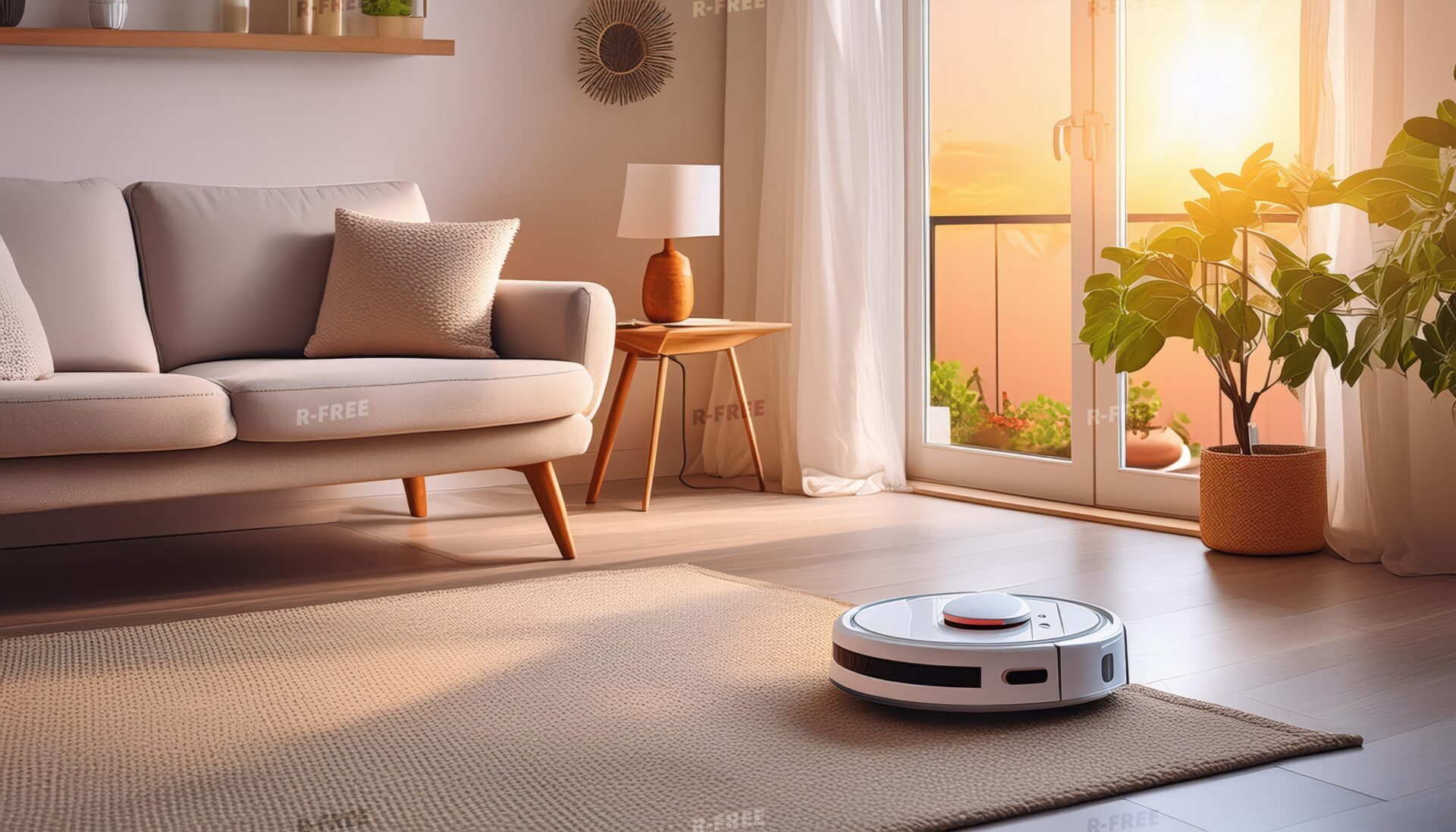 カーテン越しに光が差し込むリビングで動く白いロボット掃除機