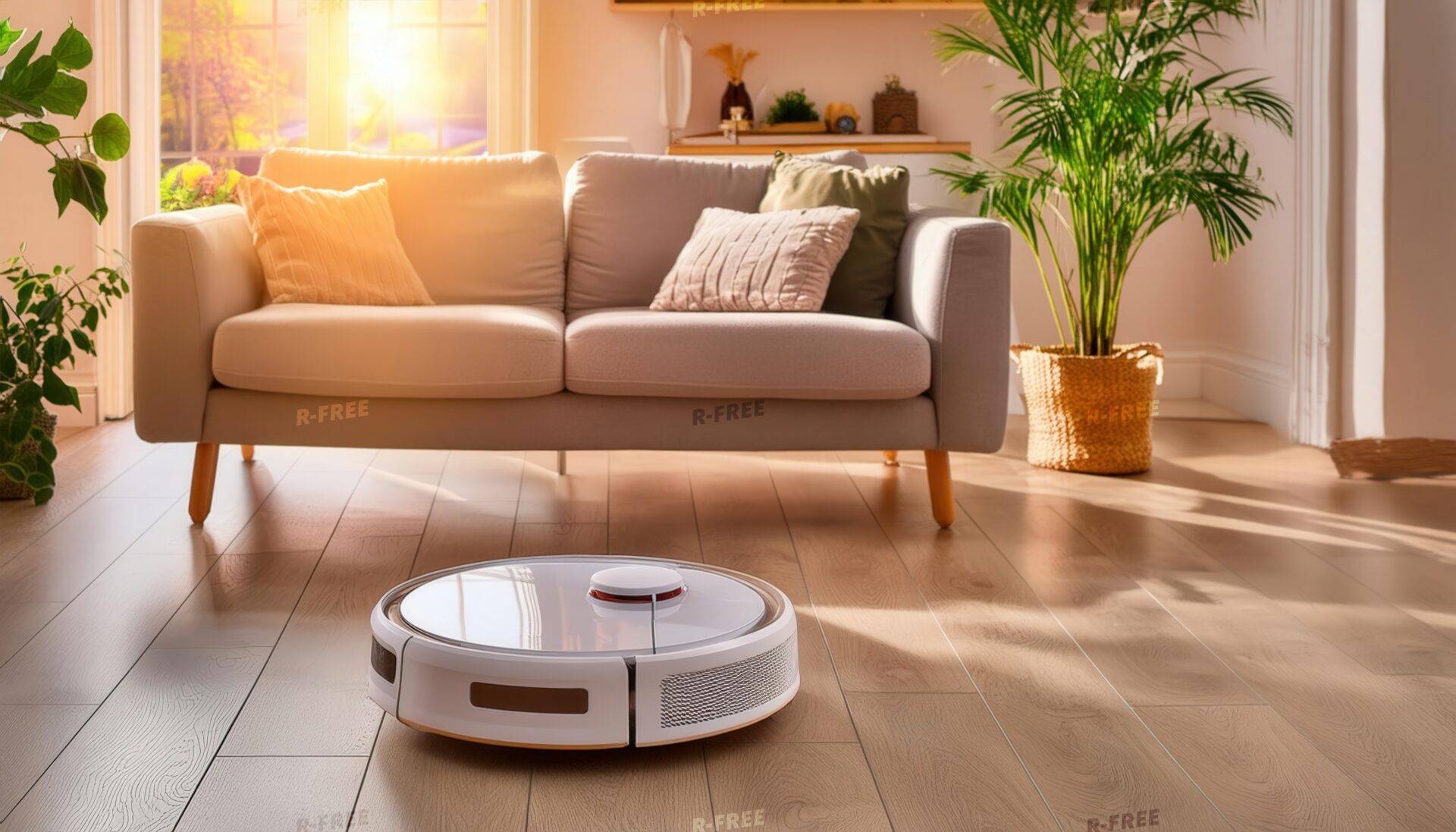 夕方のリビングに置かれた白いロボット掃除機