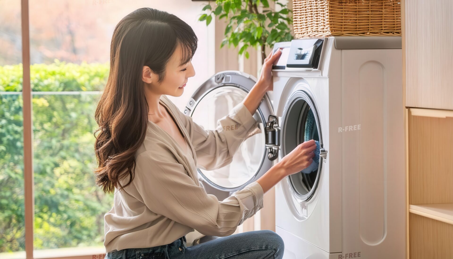 窓辺でドラム式洗濯機に衣類を入れる人物