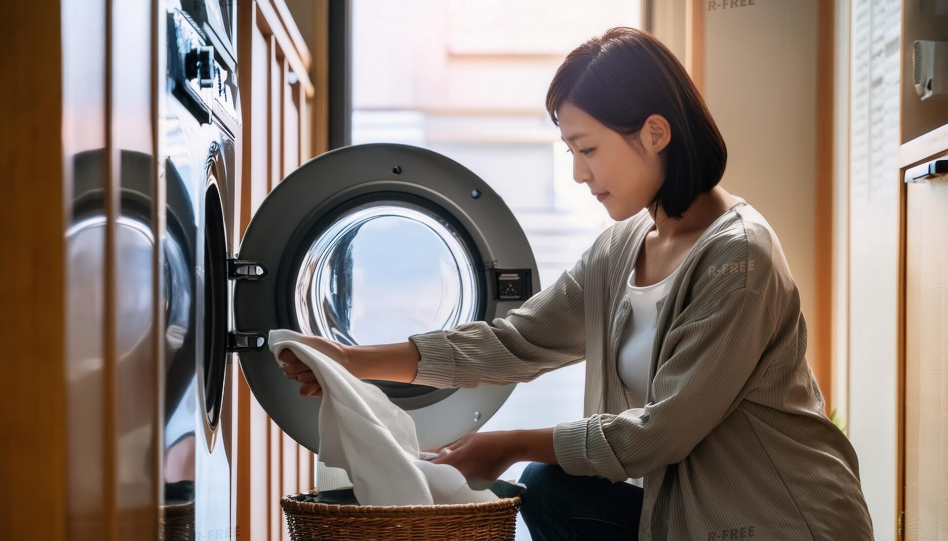 廊下に置いたドラム式洗濯機で洗濯物を取り出す人物