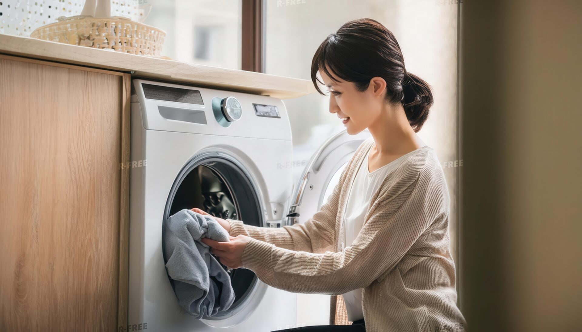 日当たりの良い室内でドラム式洗濯機を使う人物