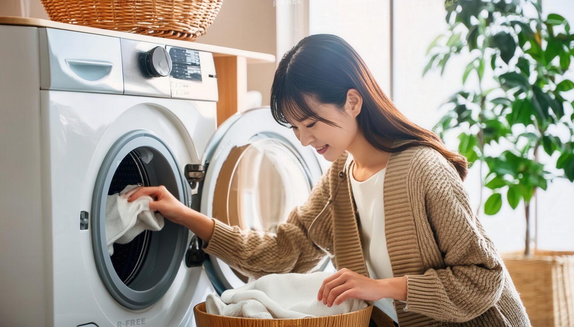 ドラム式洗濯機から洗濯物をバスケットに移す人物