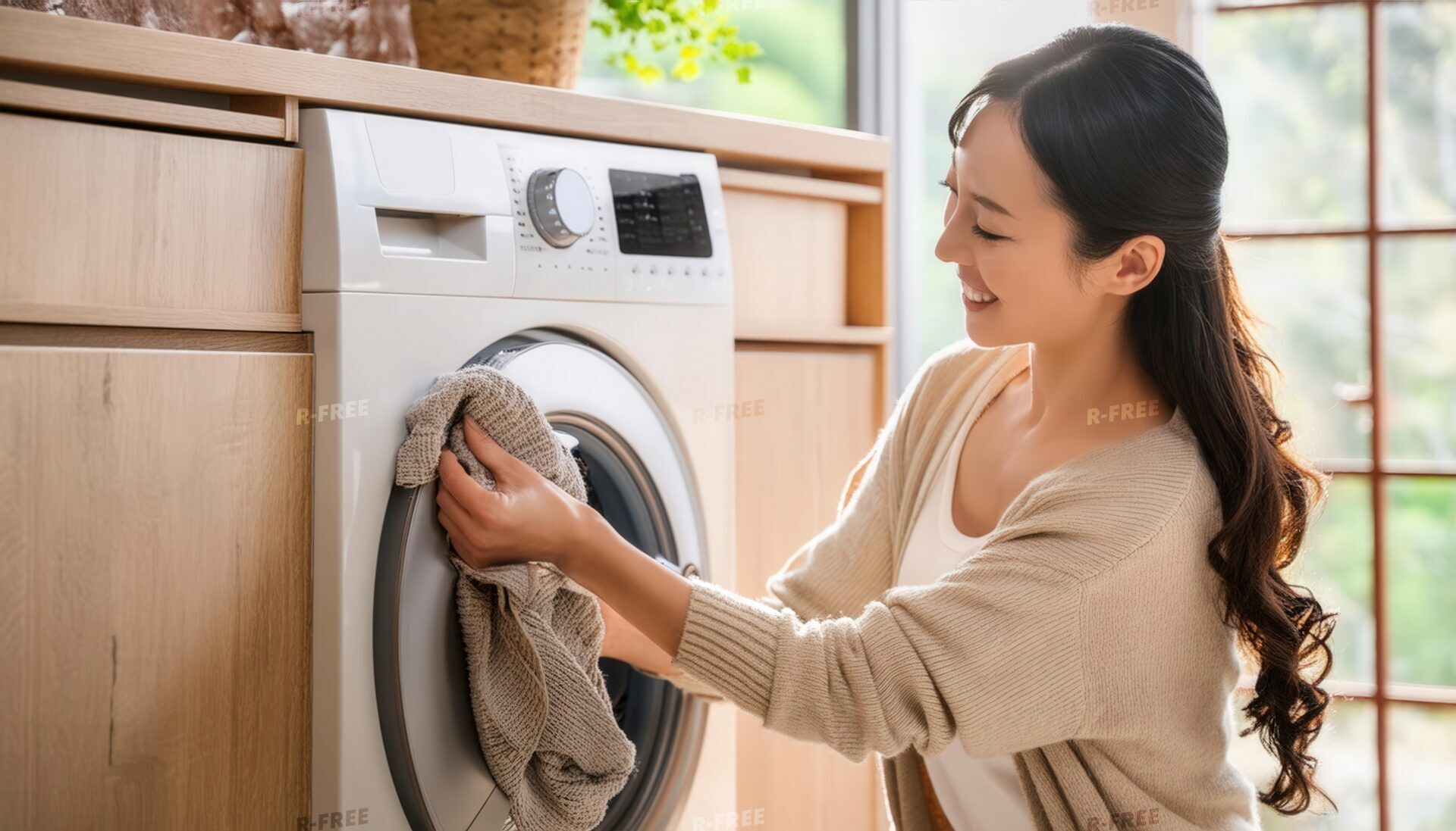 ドラム式洗濯機の扉を開けて洗濯物を取り出す人物