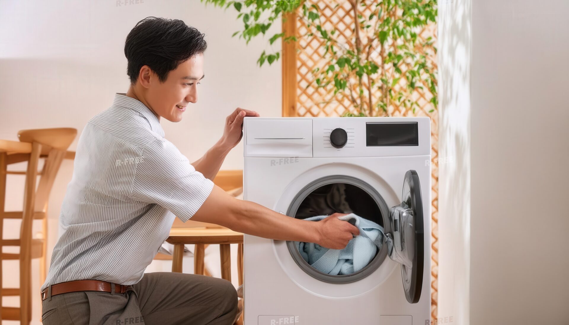 ドラム式洗濯機に服を投入する人物（白いシャツ）