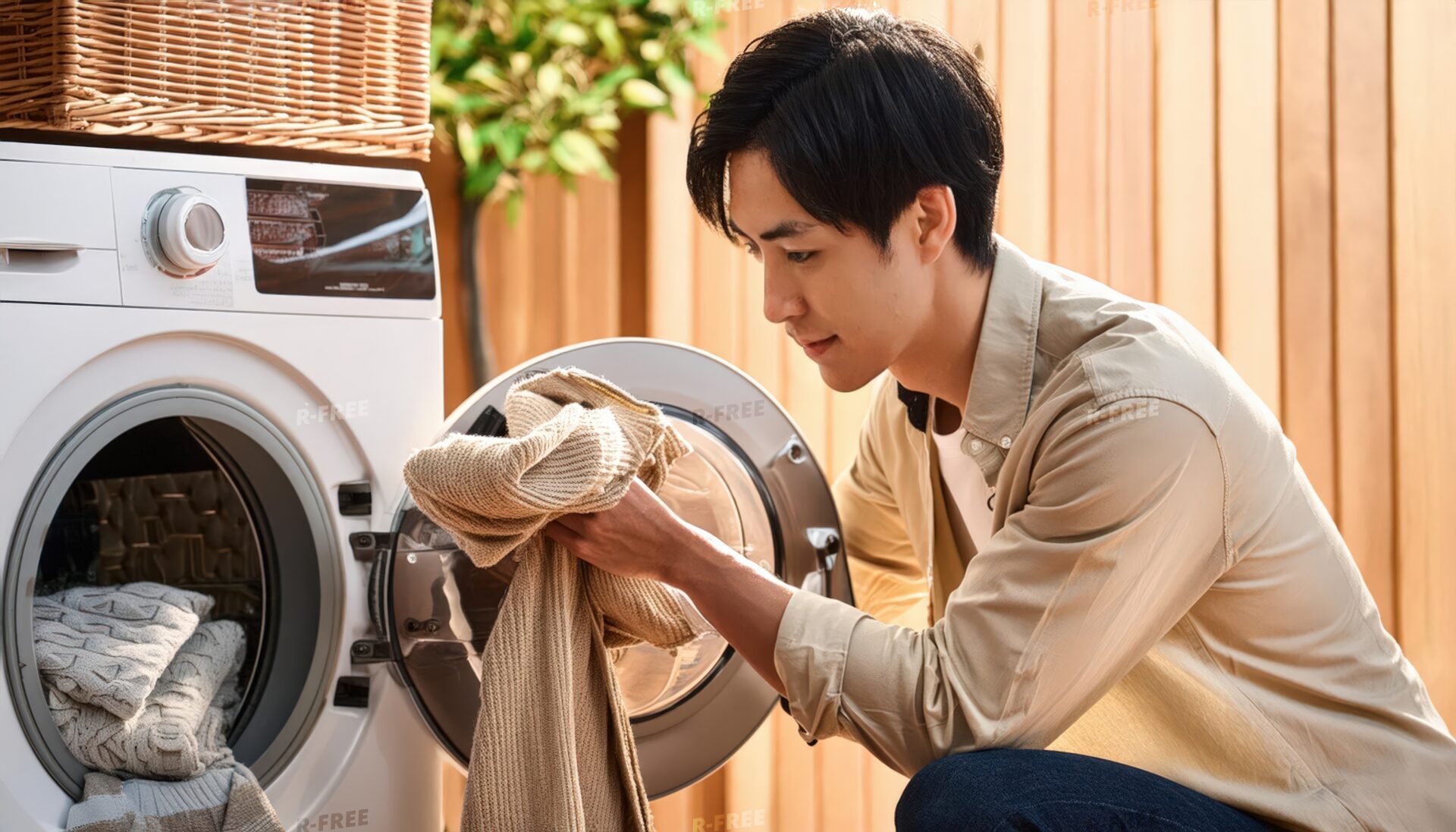 ドラム式洗濯機の洗濯物を取り出す人物（ベージュのシャツ）