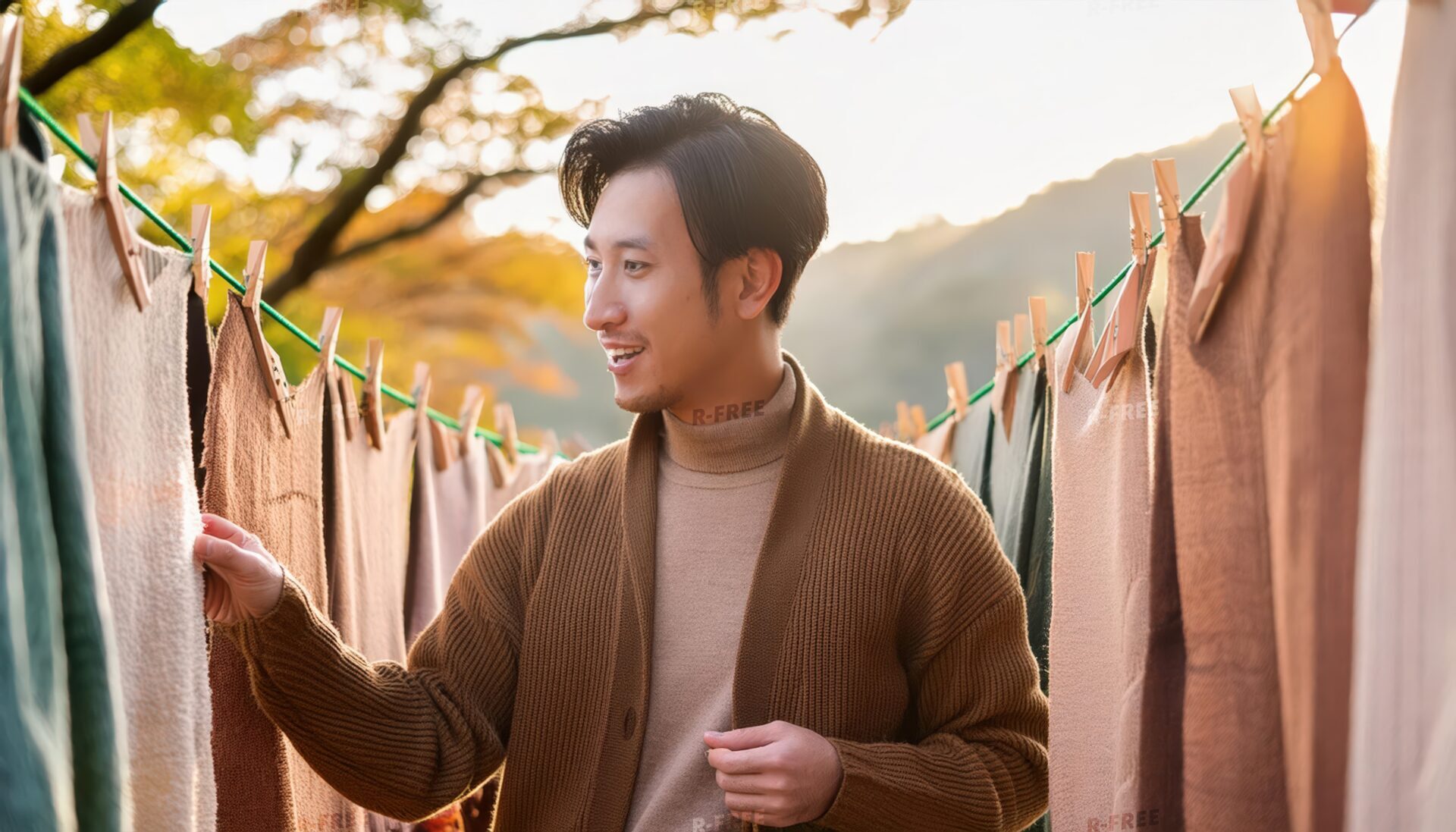 秋の景色を背景に洗濯物を干す人物