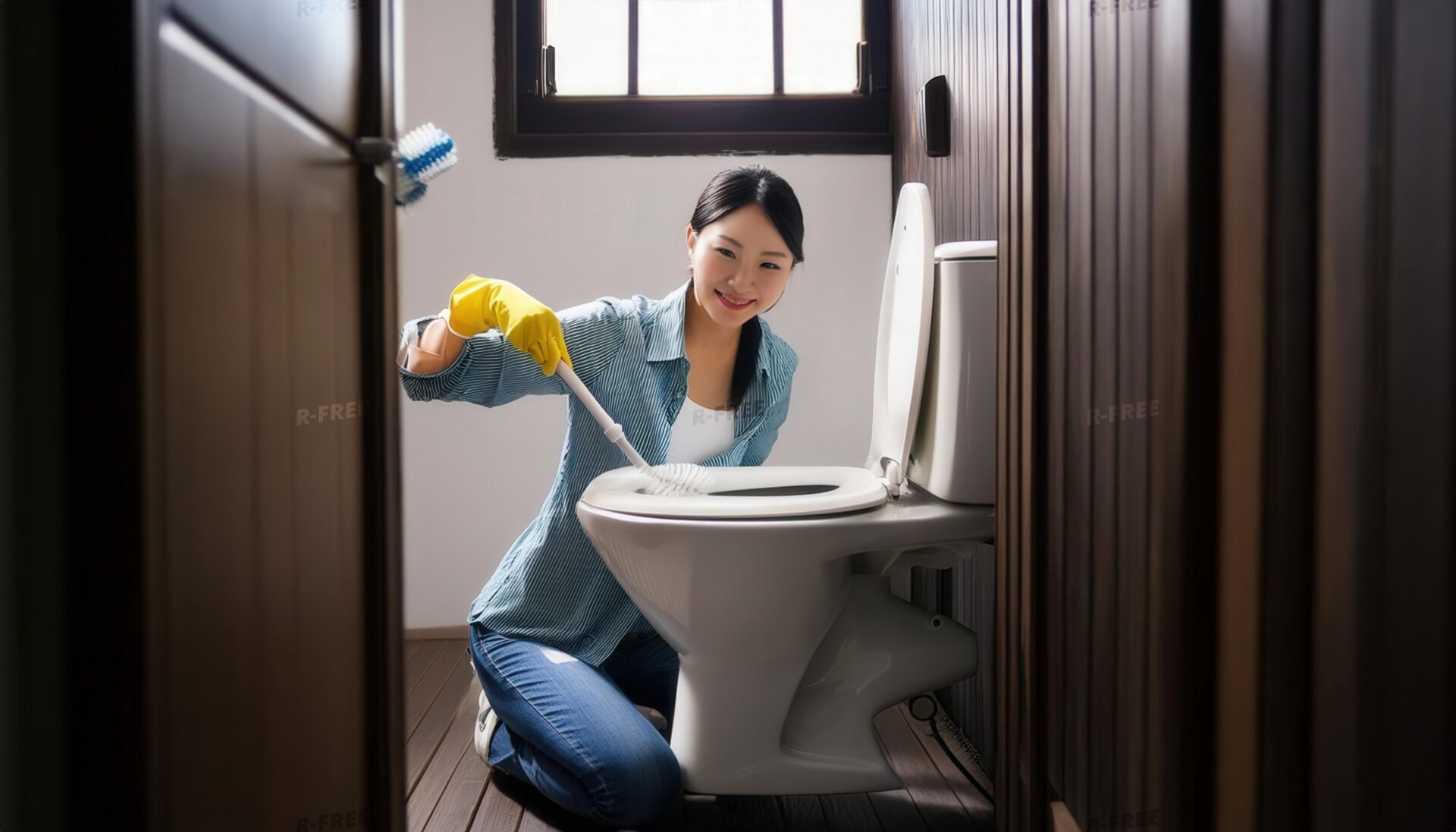 木目調のトイレで便器を掃除する青いシャツの女性