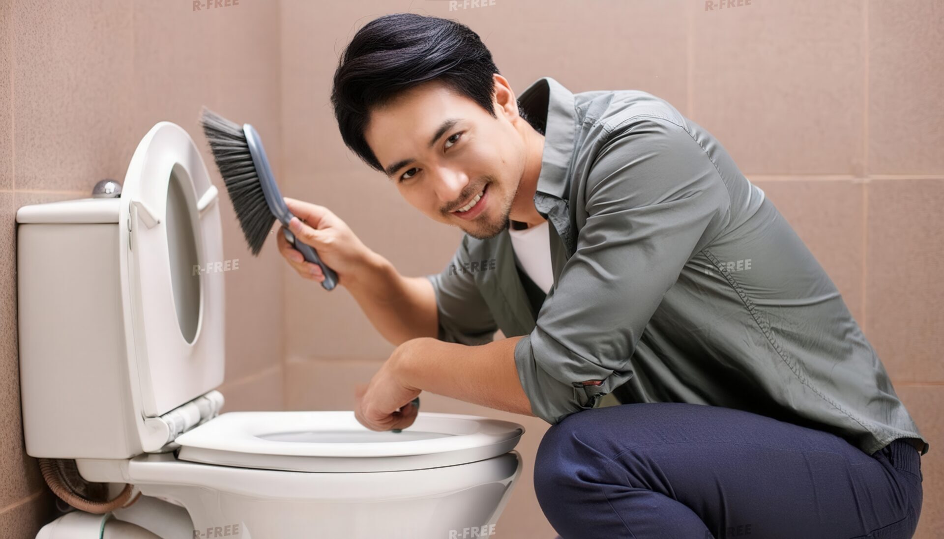 ベージュの壁のトイレでブラシ掃除をする人物