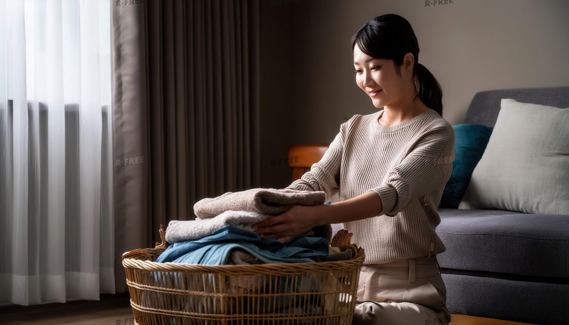 落ち着いた部屋で洗濯物をたたむ人物