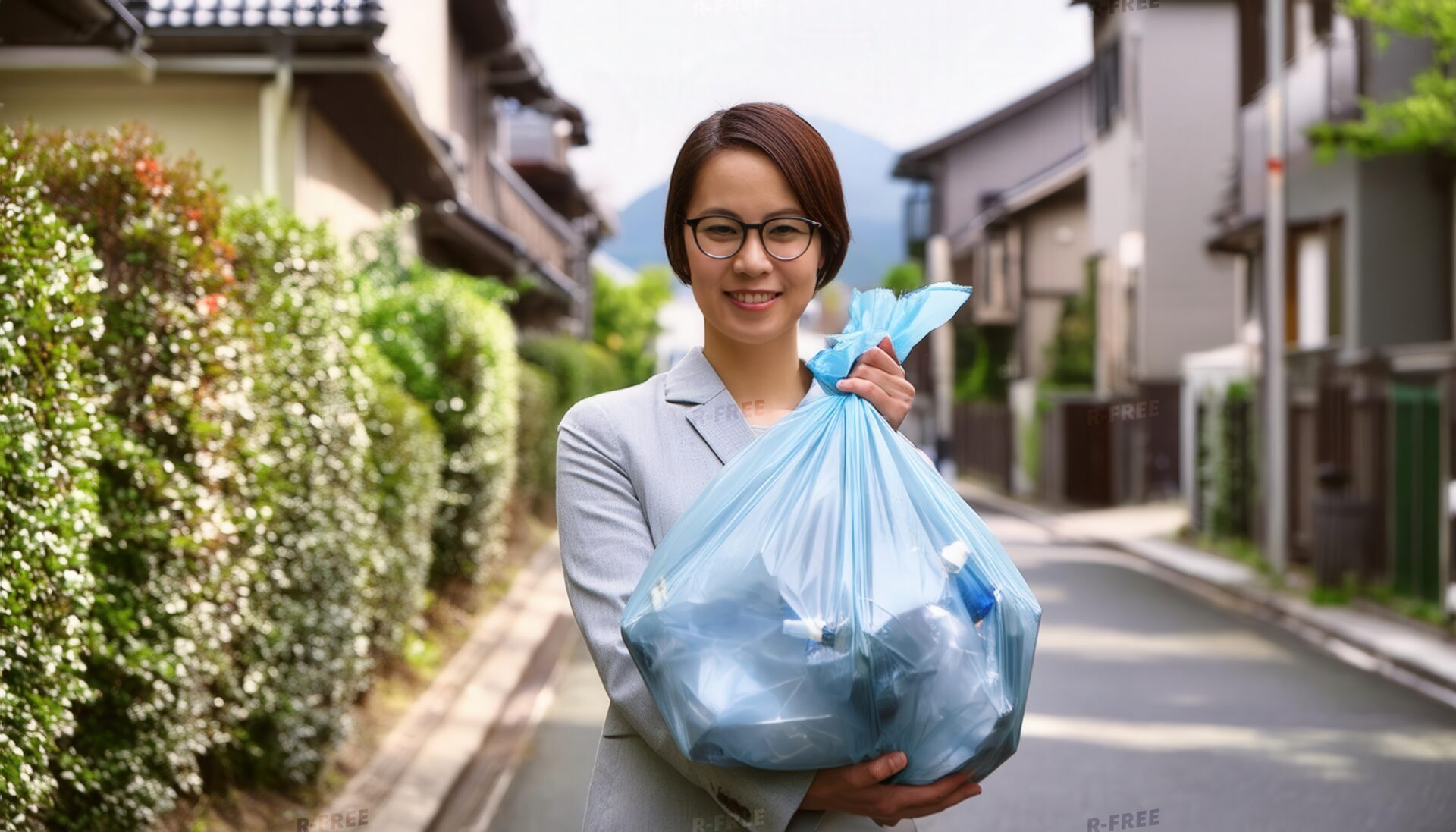 スーツ姿でゴミ袋を持つ笑顔の若い女性