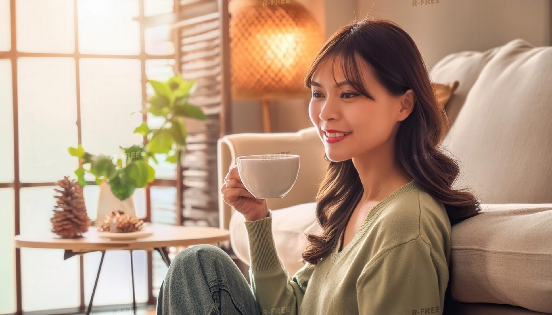 リビングでホットドリンクを飲む若い女性