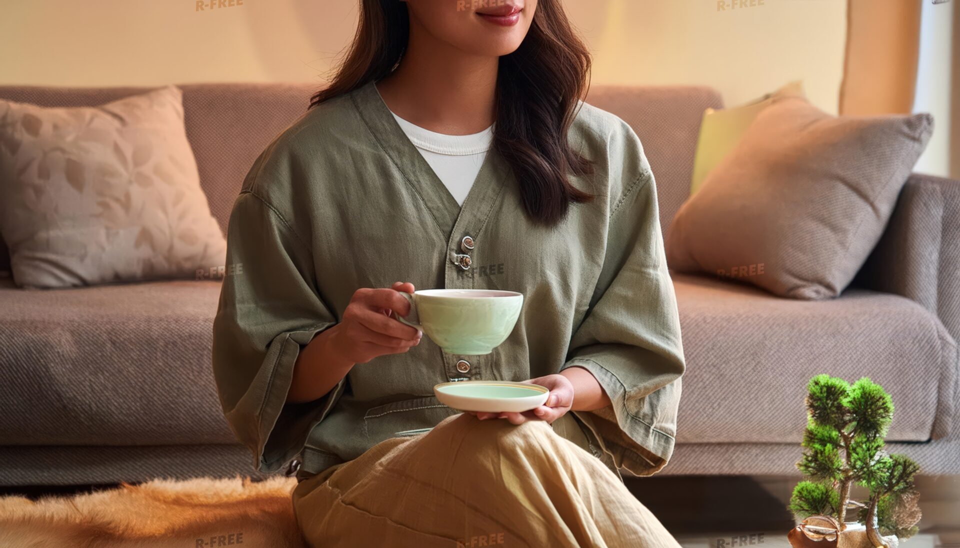 ソファに座りカップを手にした若い女性（上半身）