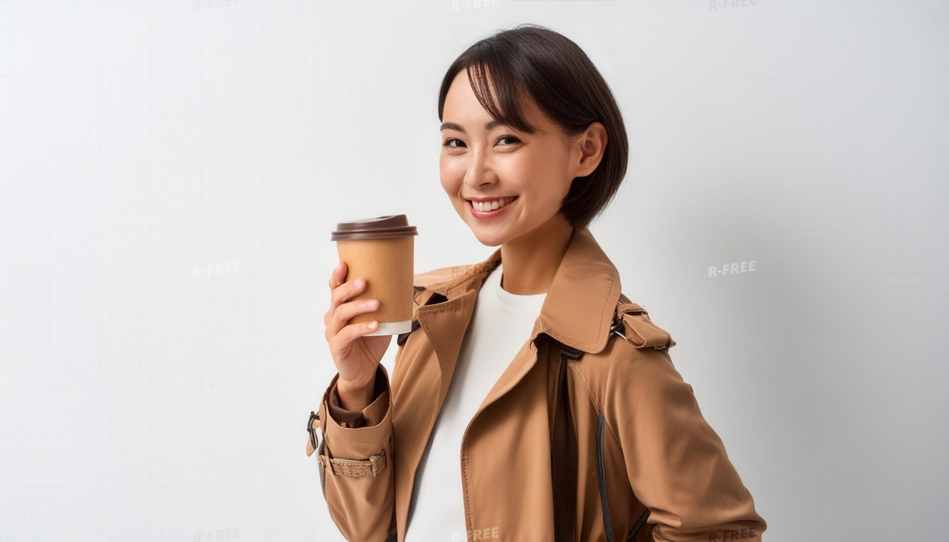 白背景で紙カップを手にした若い女性